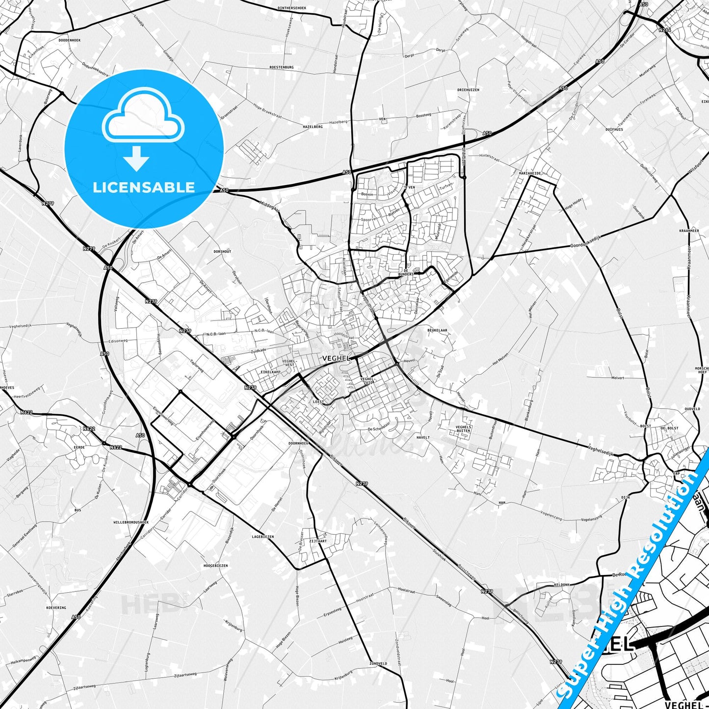 Meierijstad, Netherlands Light Map with Street Names, City Names, and Districts