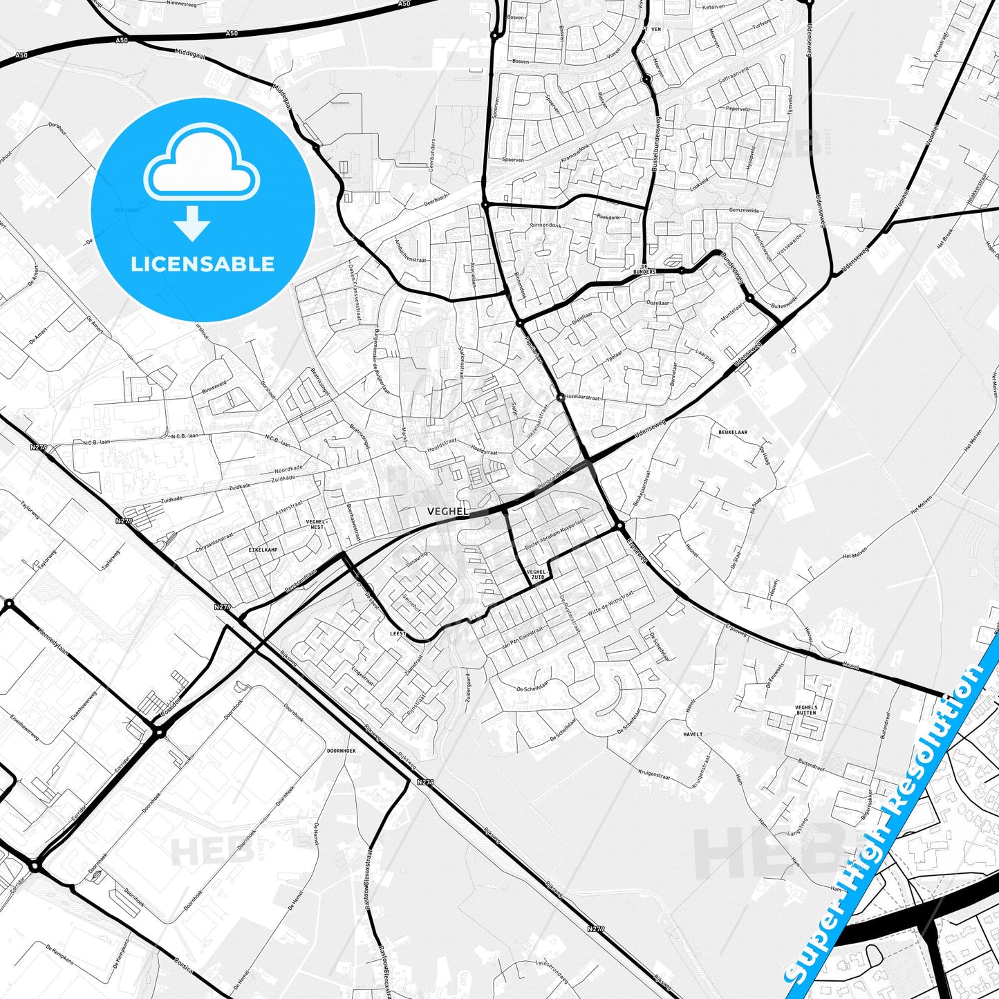 Meierijstad, Netherlands Light Map with Street Names, City Names, and Districts
