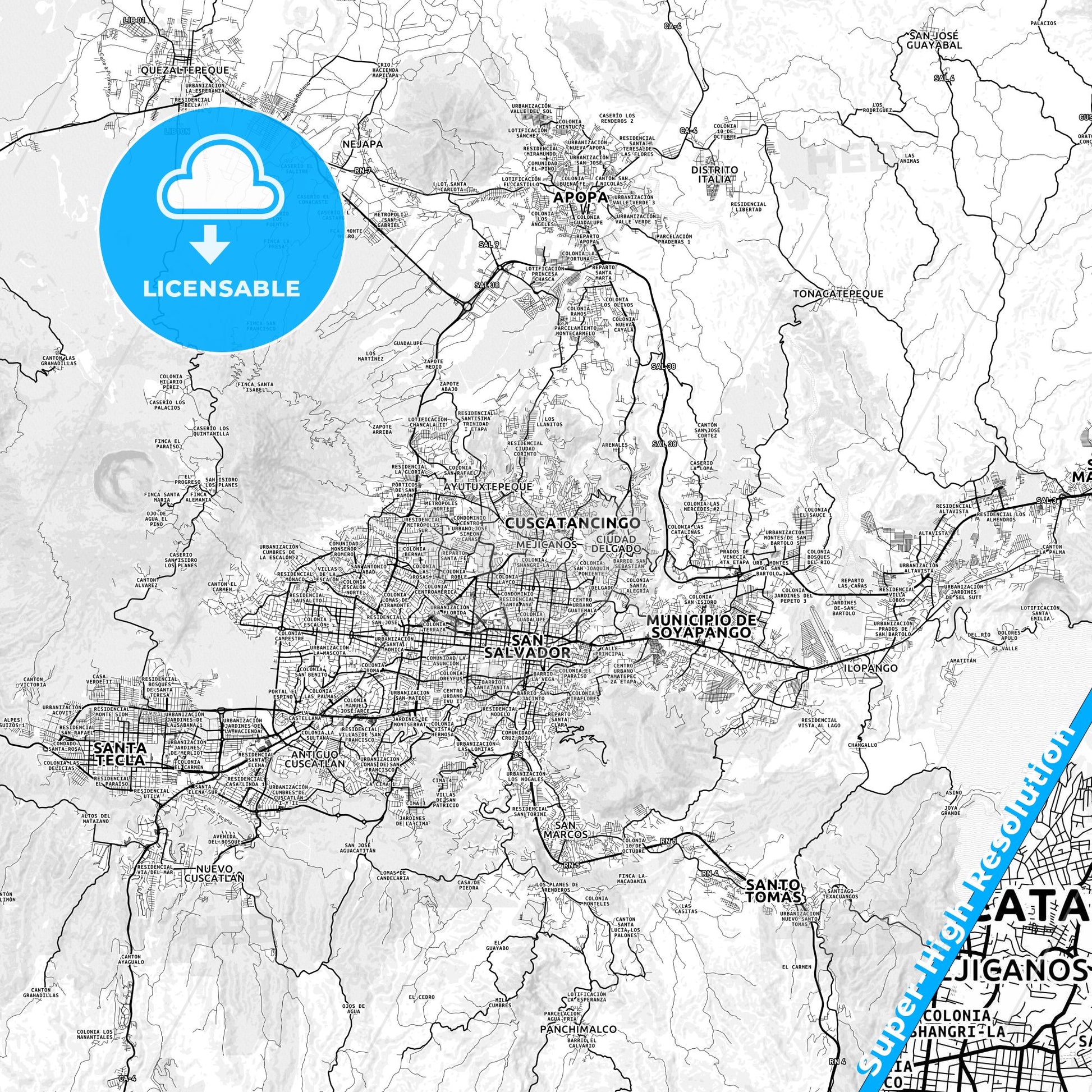 Mejicanos, El Salvador light map with streetnames, citynames and districts