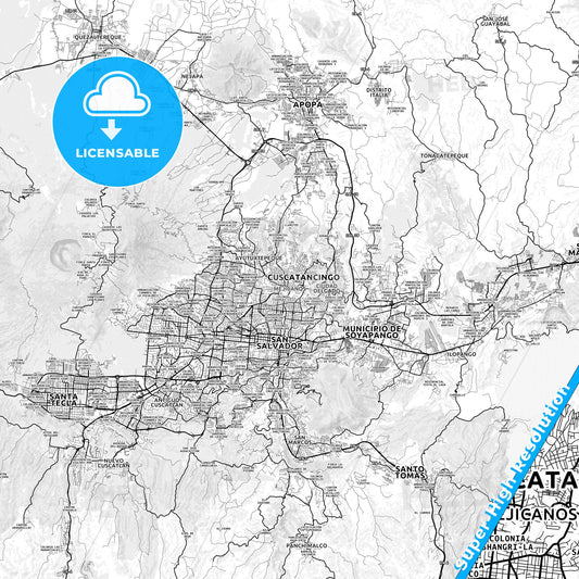 Mejicanos, El Salvador light map with streetnames, citynames and districts