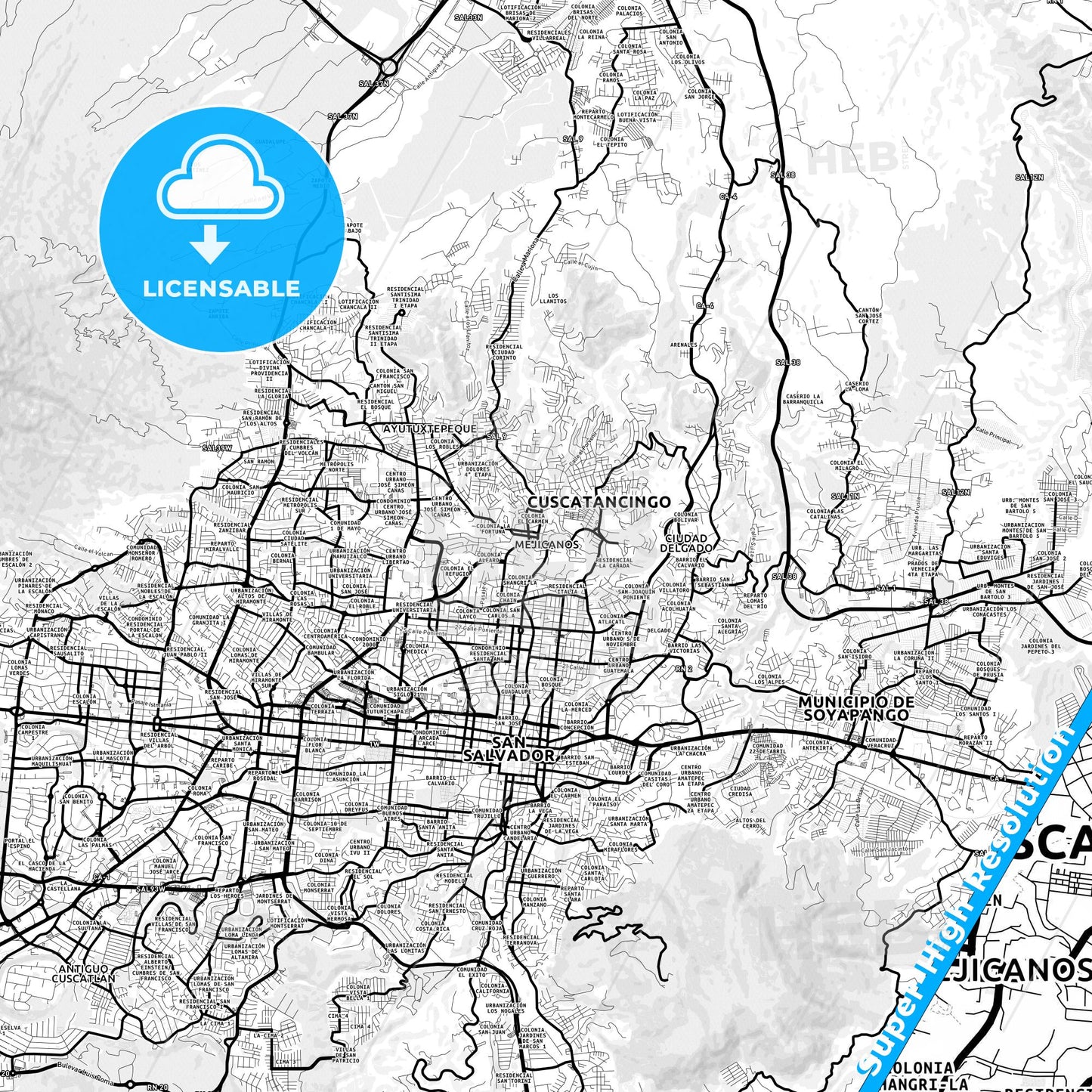 Mejicanos, El Salvador Light Map with Street Names, City Names, and Districts