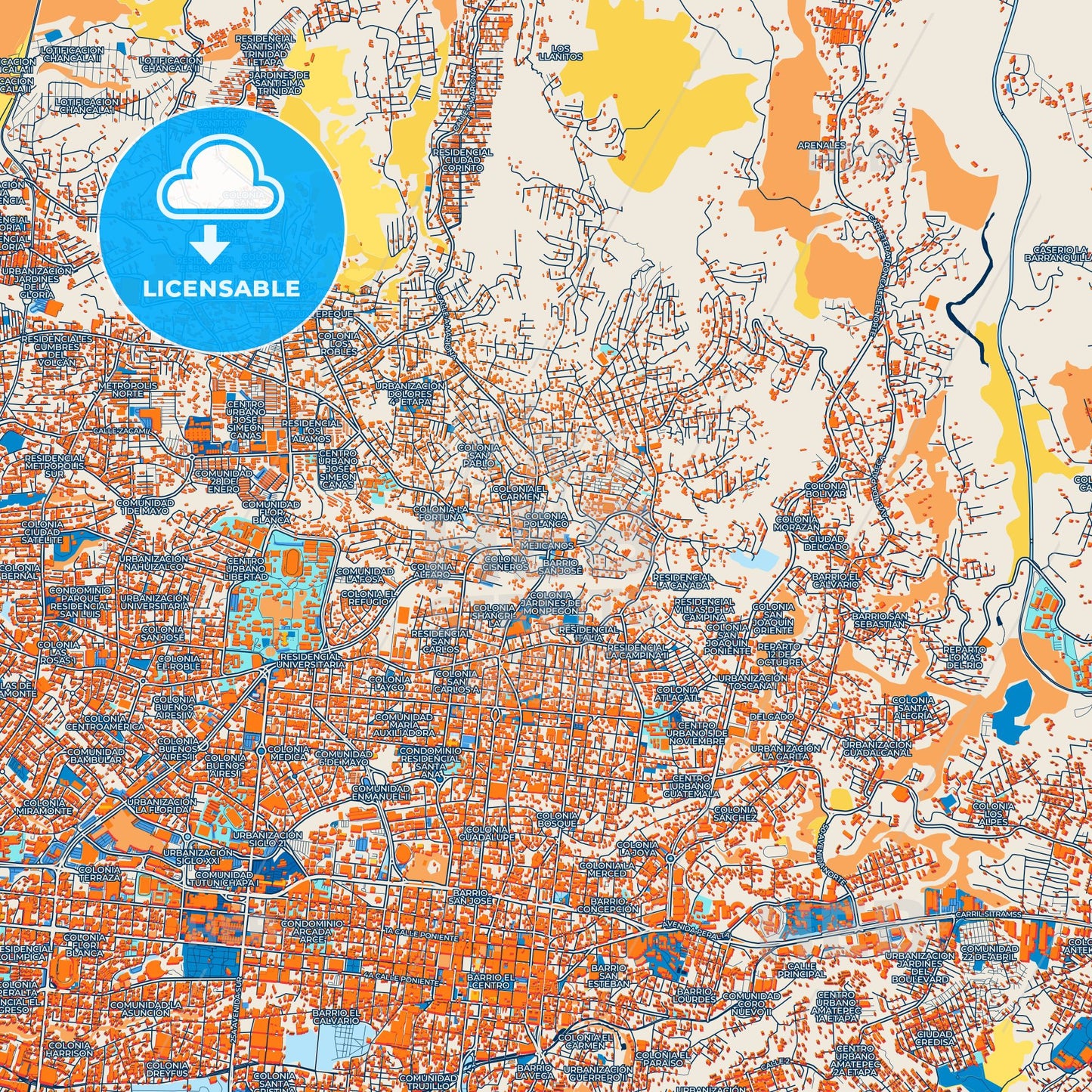 Colorful Mejicanos Street Map with Labels and Buildings