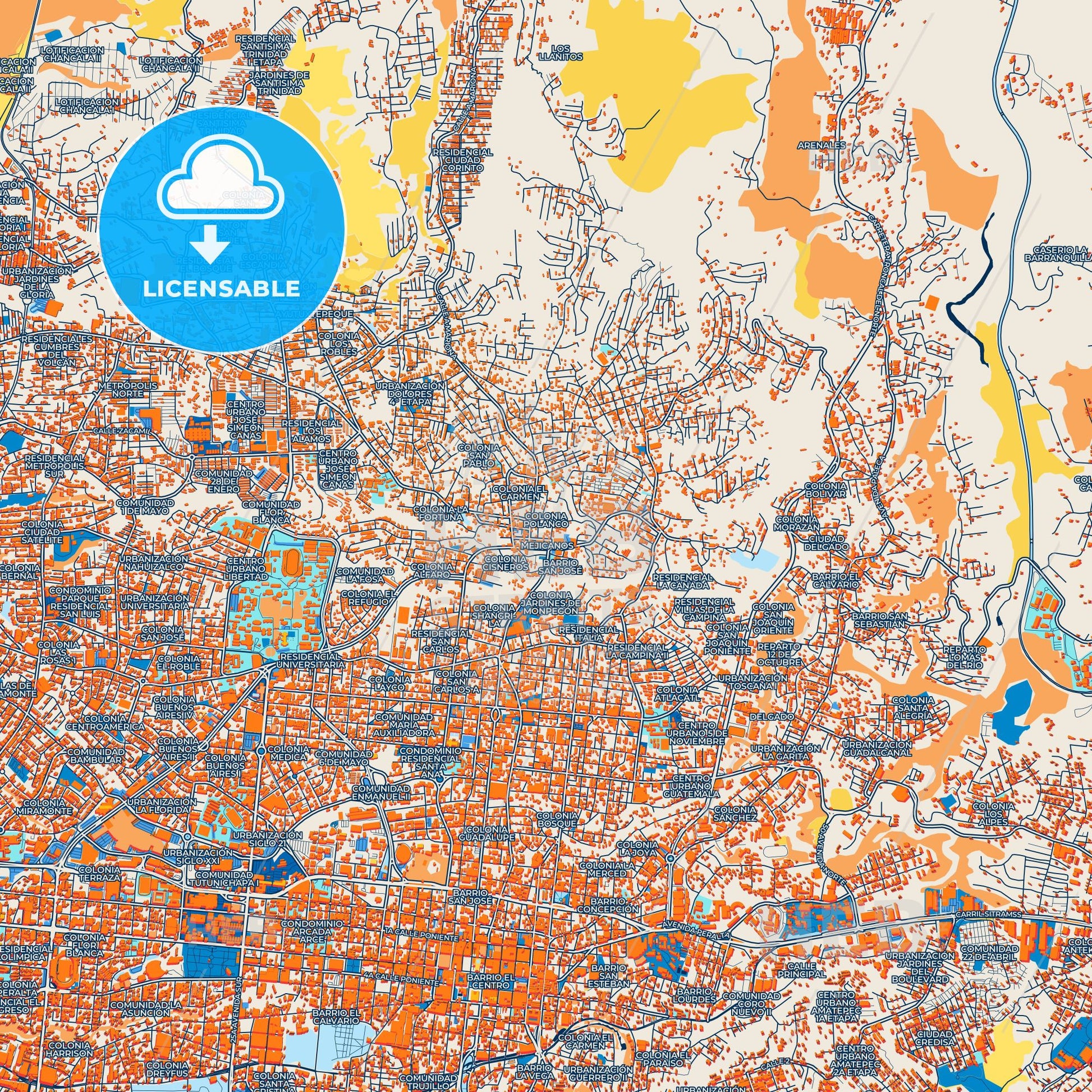 Colorful Mejicanos Street Map with Labels and Buildings