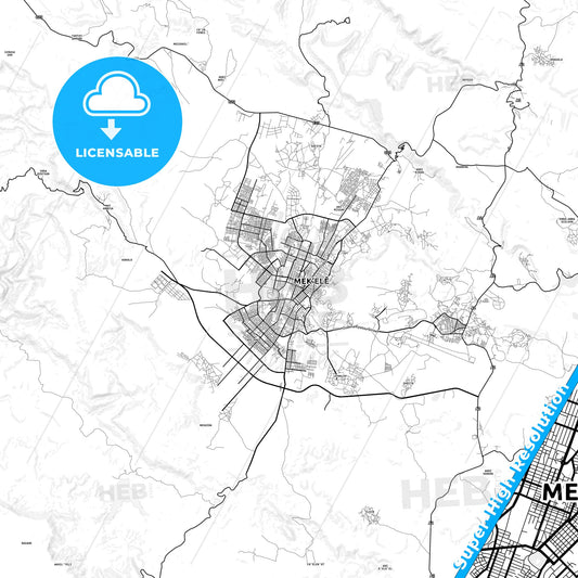 Mek´ele, Ethiopia light map with streetnames, citynames and districts