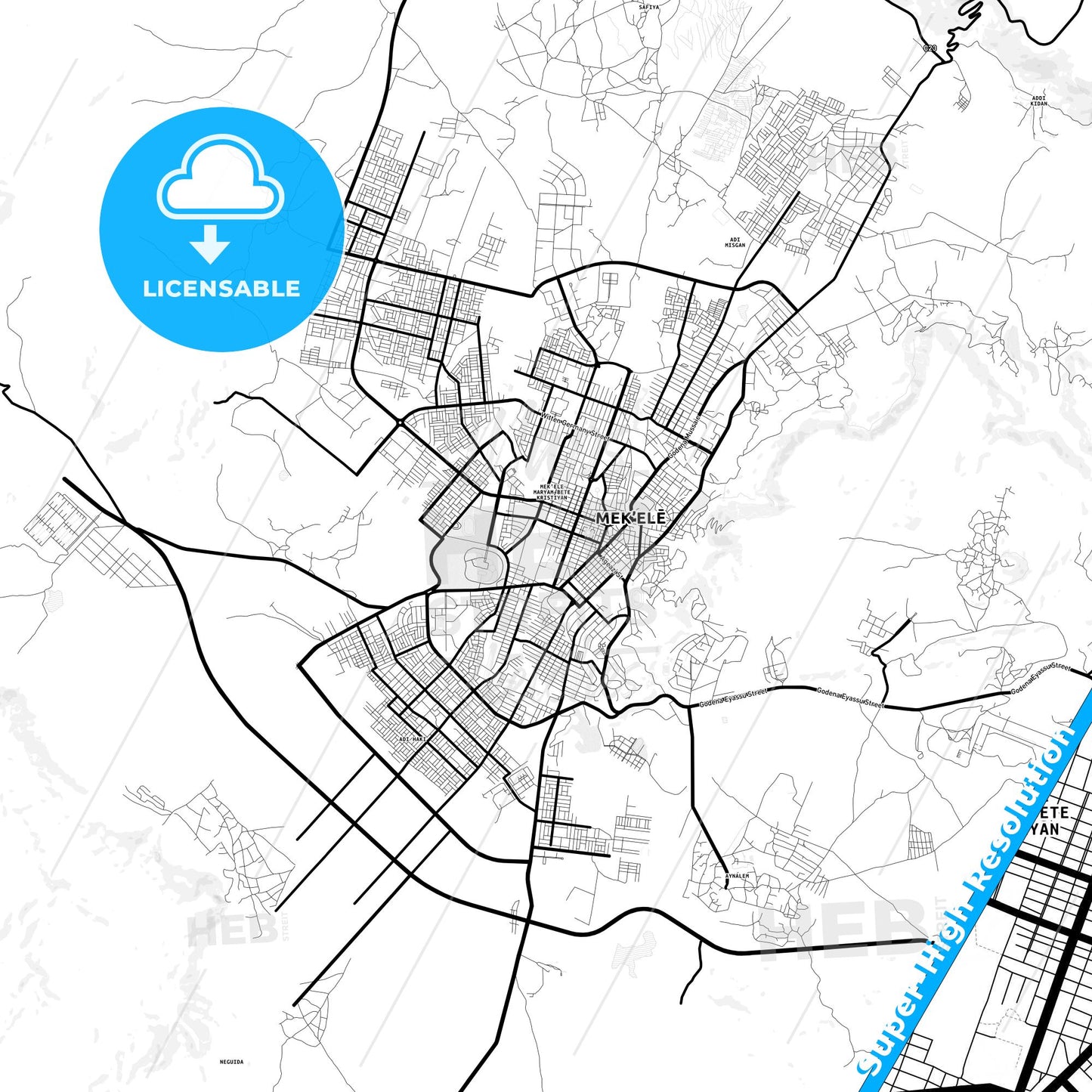 Mek´ele, Ethiopia Light Map with Street Names, City Names, and Districts