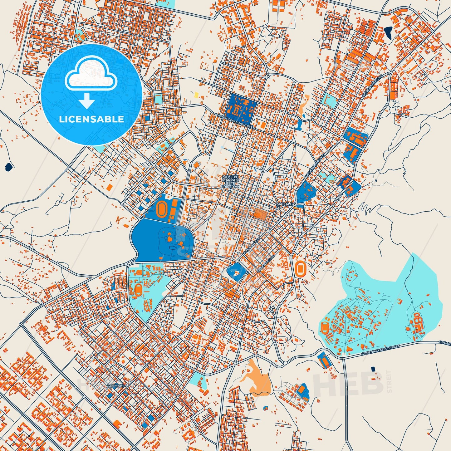 Colorful Mek´ele Street Map with Labels and Buildings