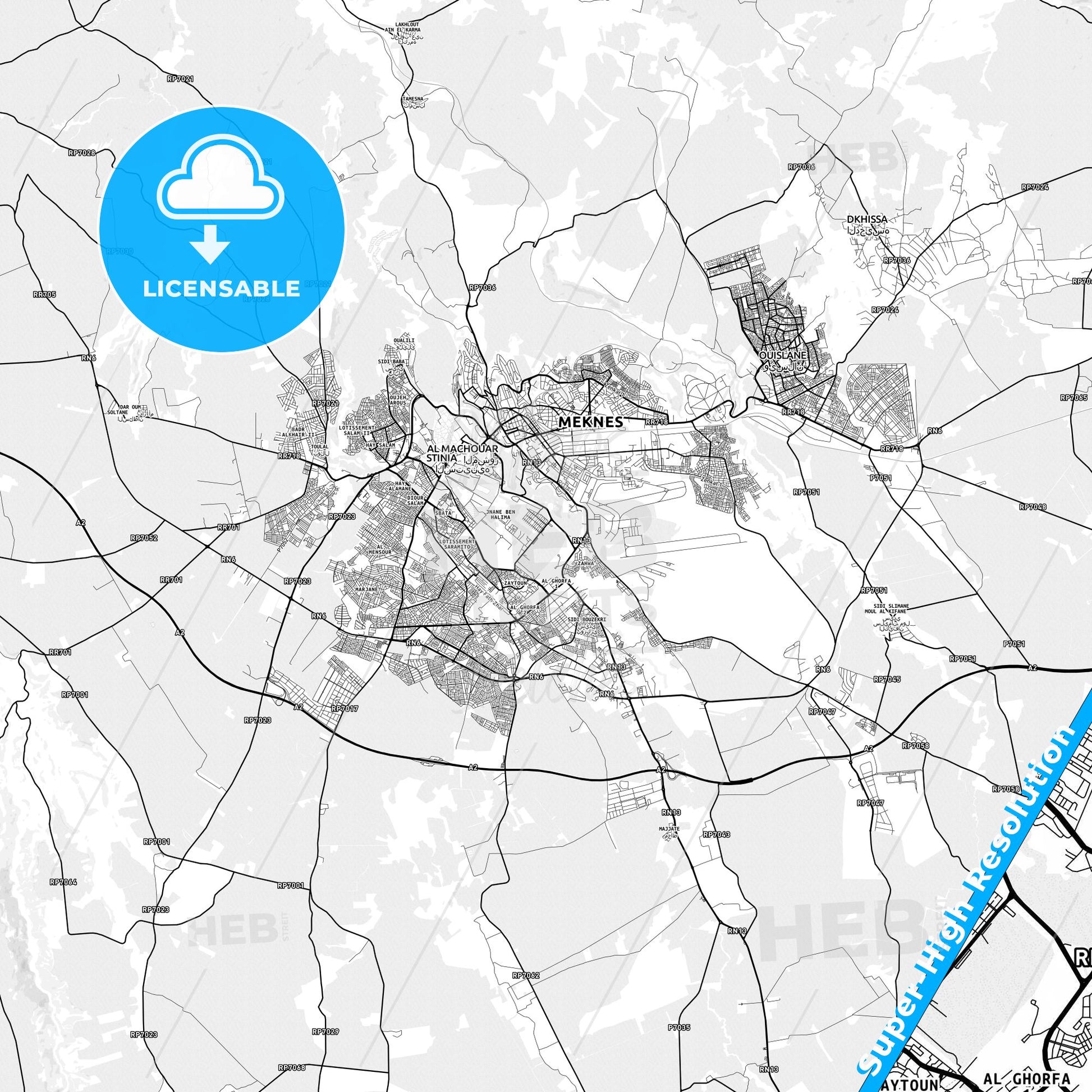 Meknes, Morocco light map with streetnames, citynames and districts