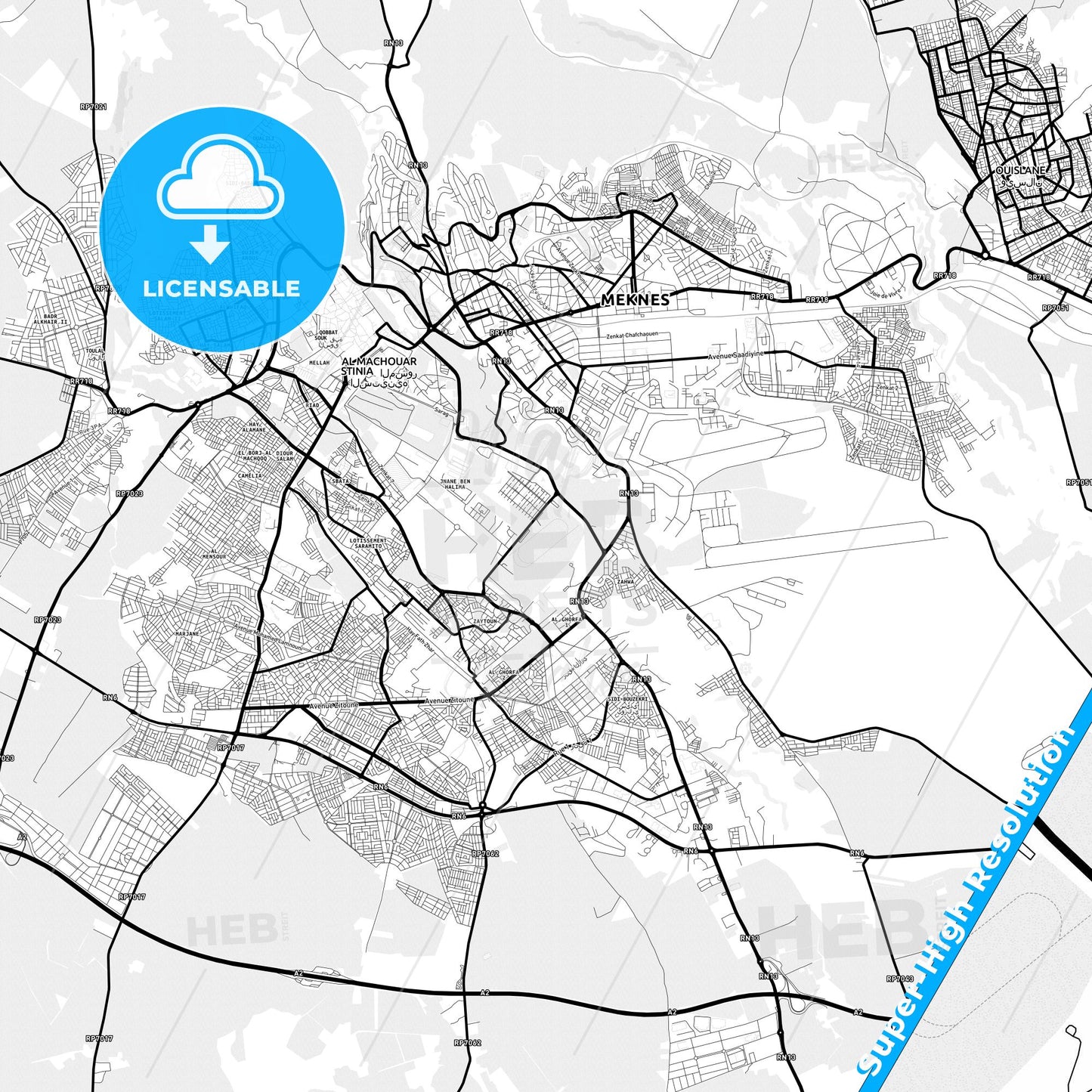 Meknes, Morocco Light Map with Street Names, City Names, and Districts