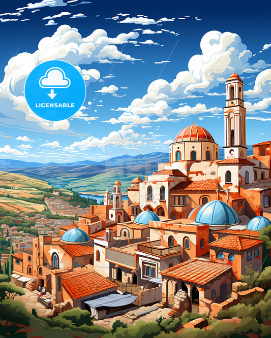 Cartoon Town Skyline Meknes Morocco, Vibrant Painting, Art, Urban, Landscape, Travel, Skyline, Cityscape, North Africa