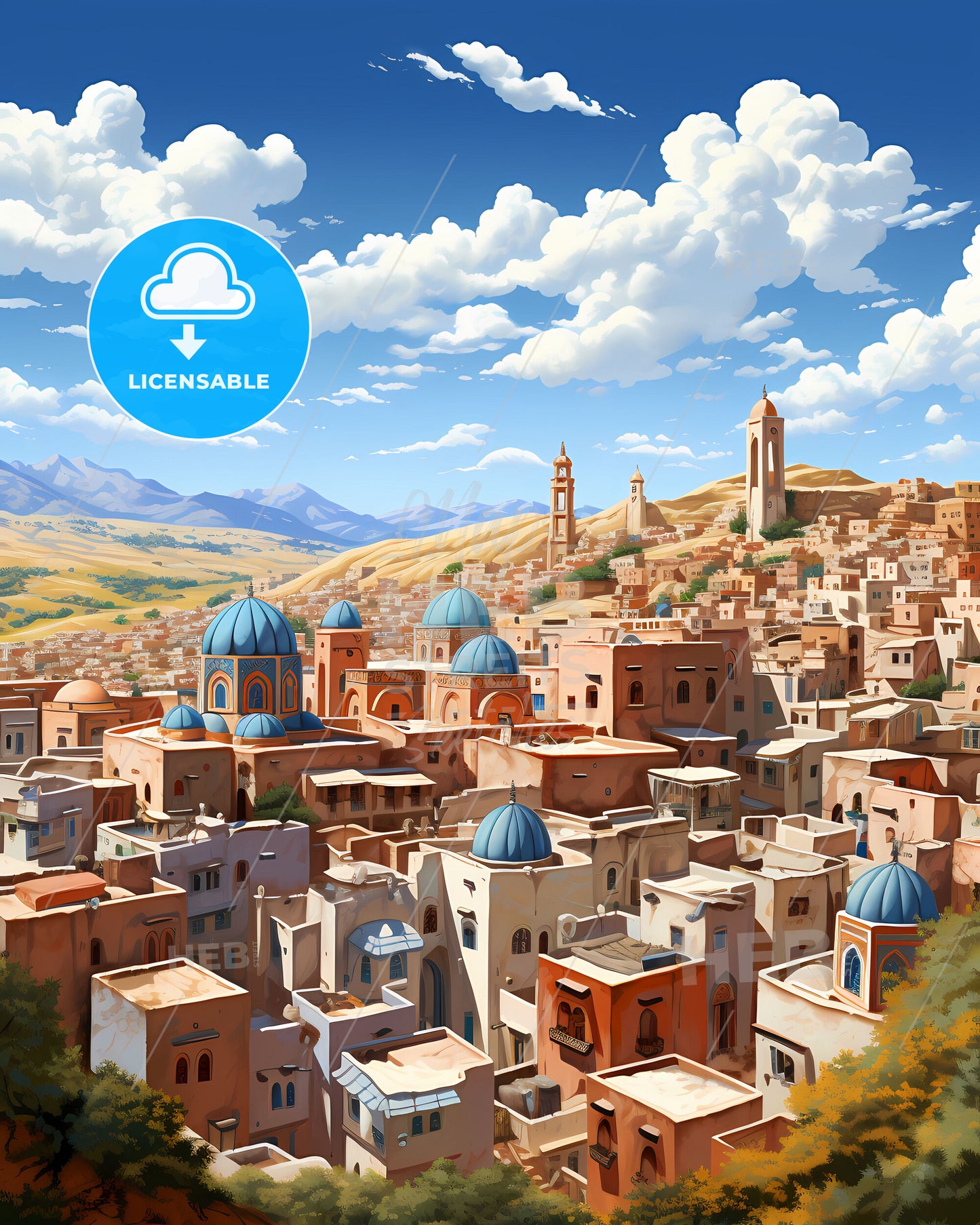 Vibrant Artistic Cityscape: Meknes Morocco Blue Skyline Panorama