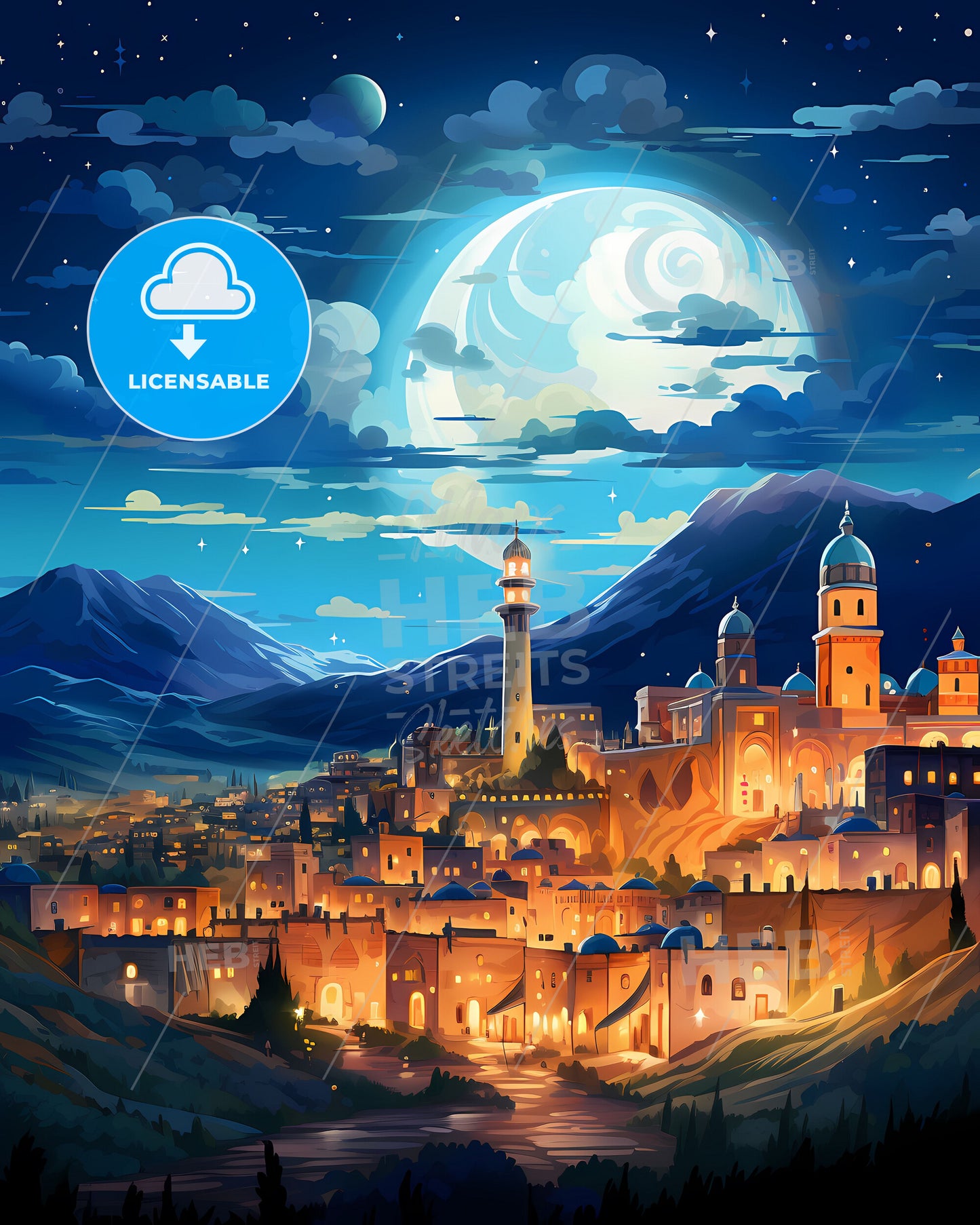 Vibrant Painting of Meknes Skyline, Morocco, Showcasing City Lights and Mountain Landscape