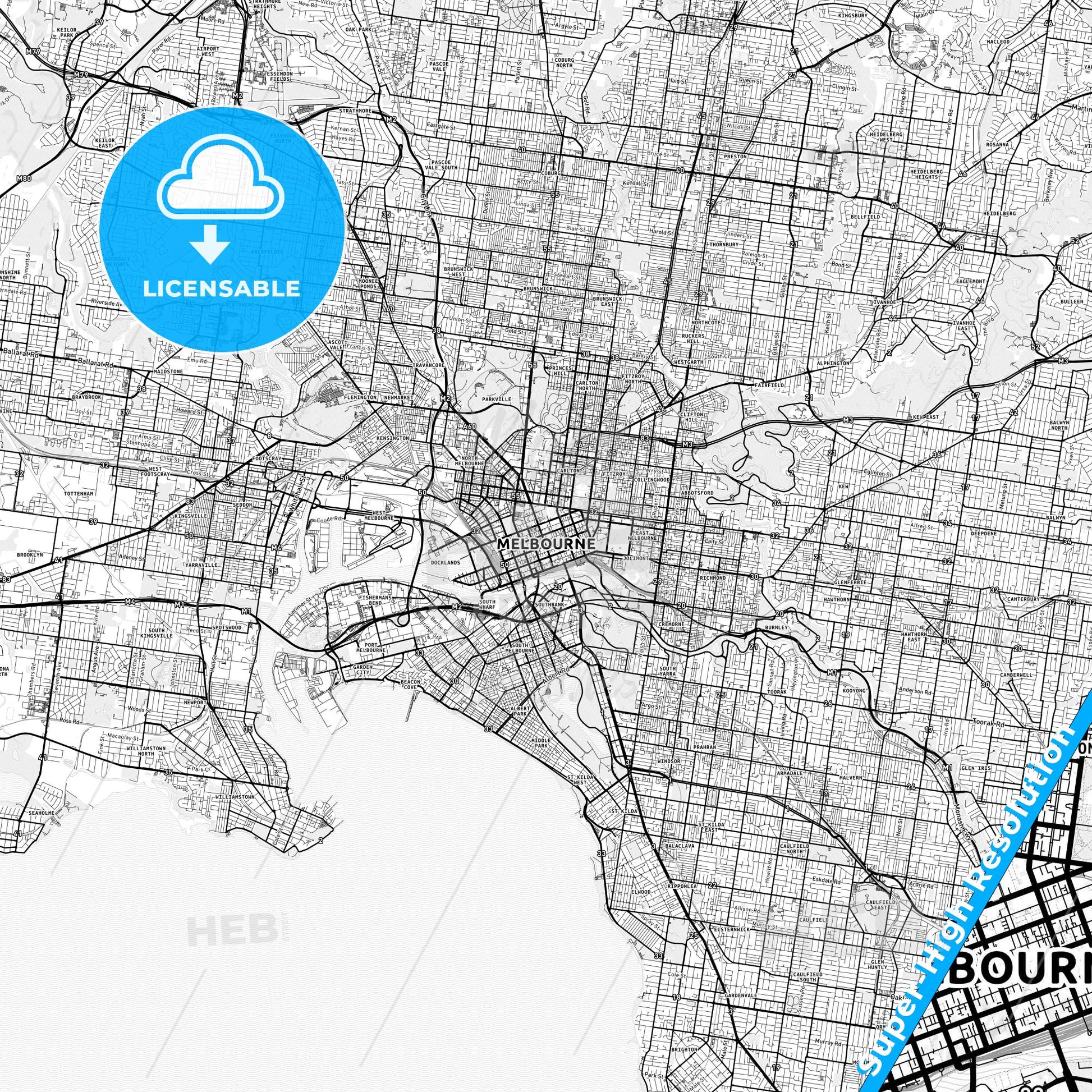 Melbourne, Australia light map with streetnames, citynames and districts