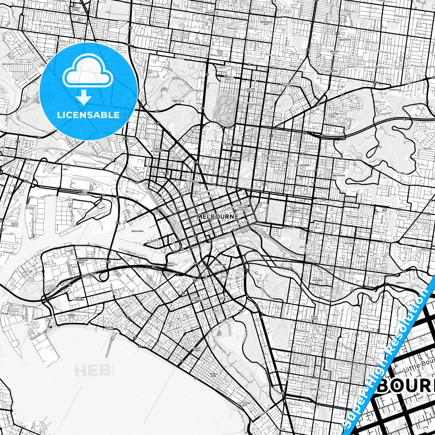 Melbourne, Australia Light Map with Street Names, City Names, and Districts