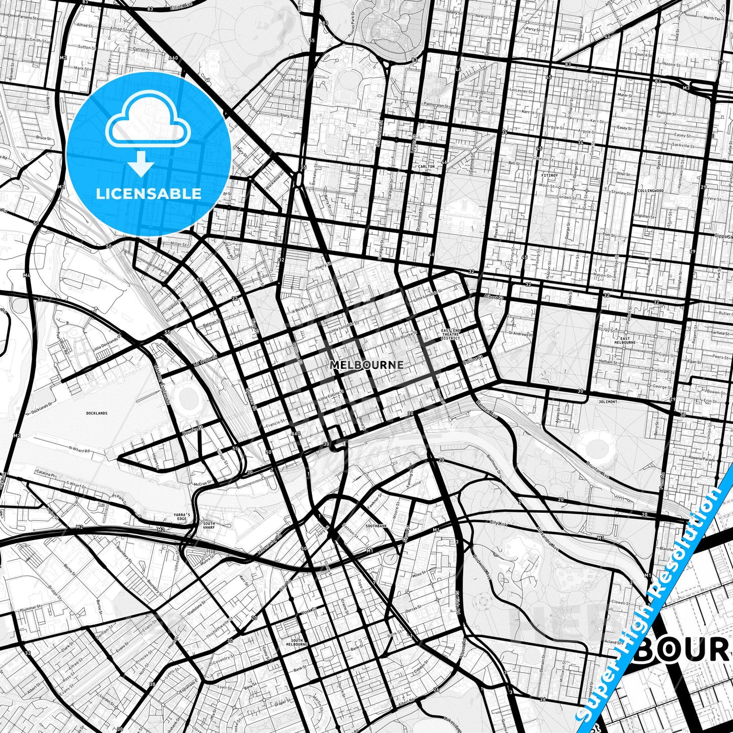 Melbourne, Australia Light Map with Street Names, City Names, and Districts