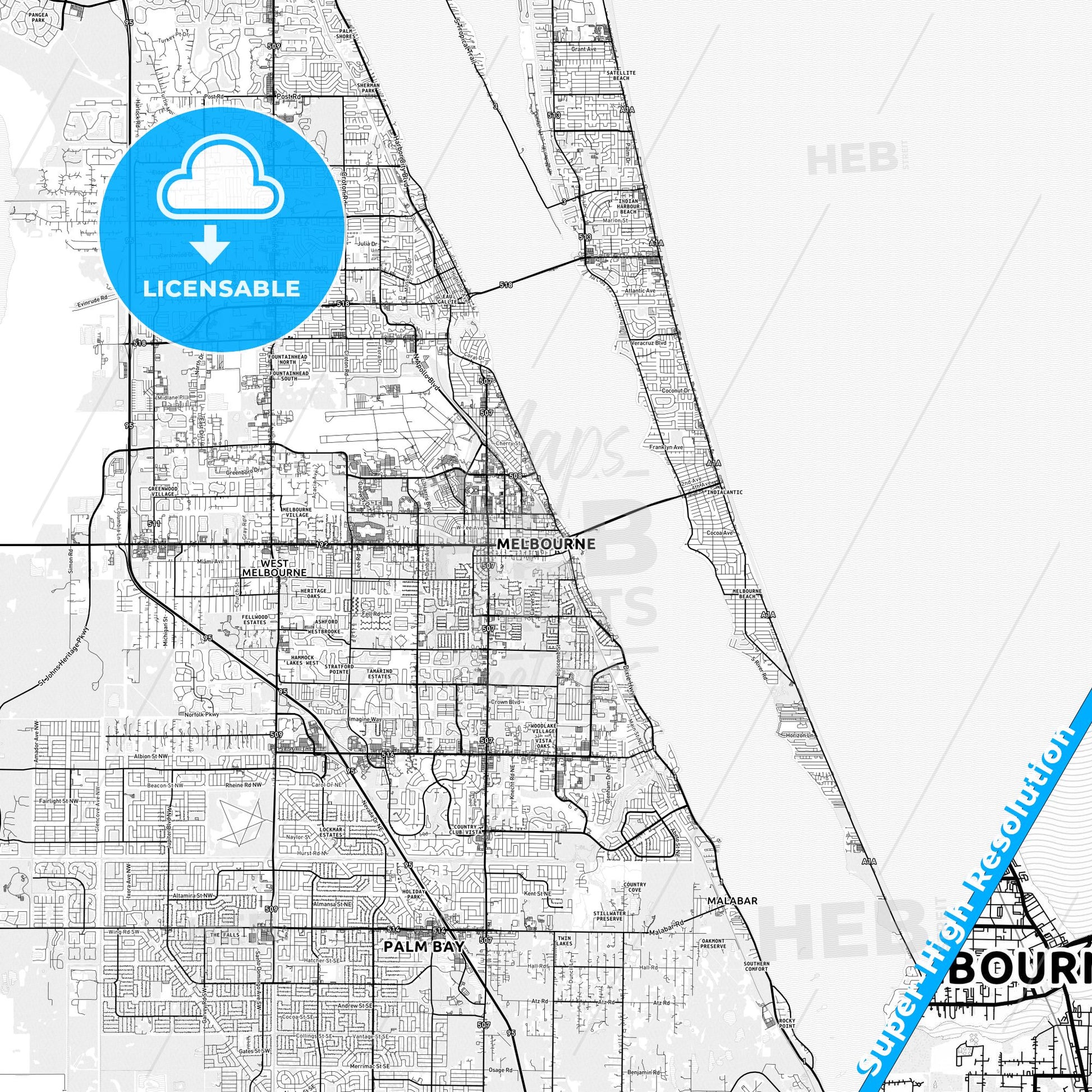 Melbourne, Florida light map with streetnames, citynames and districts