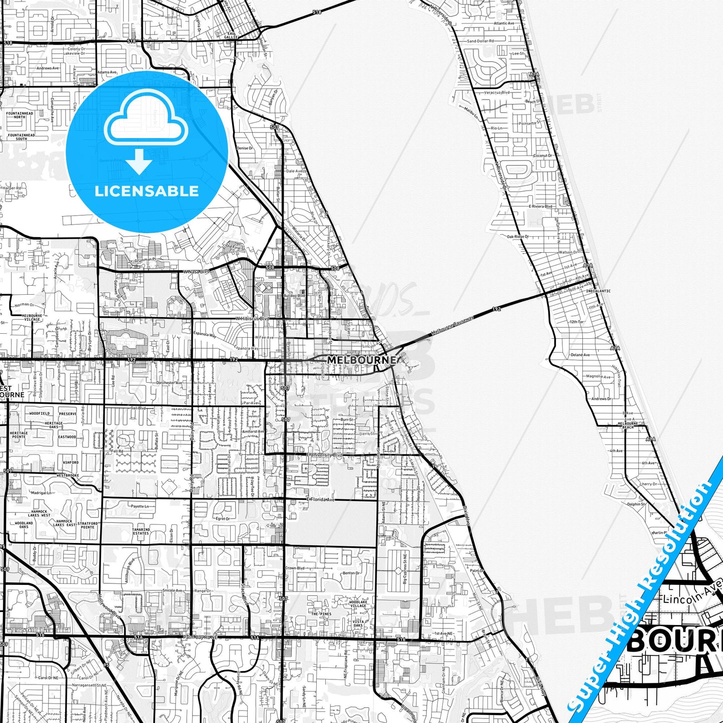 Melbourne, Florida Light Map with Street Names, City Names, and Districts