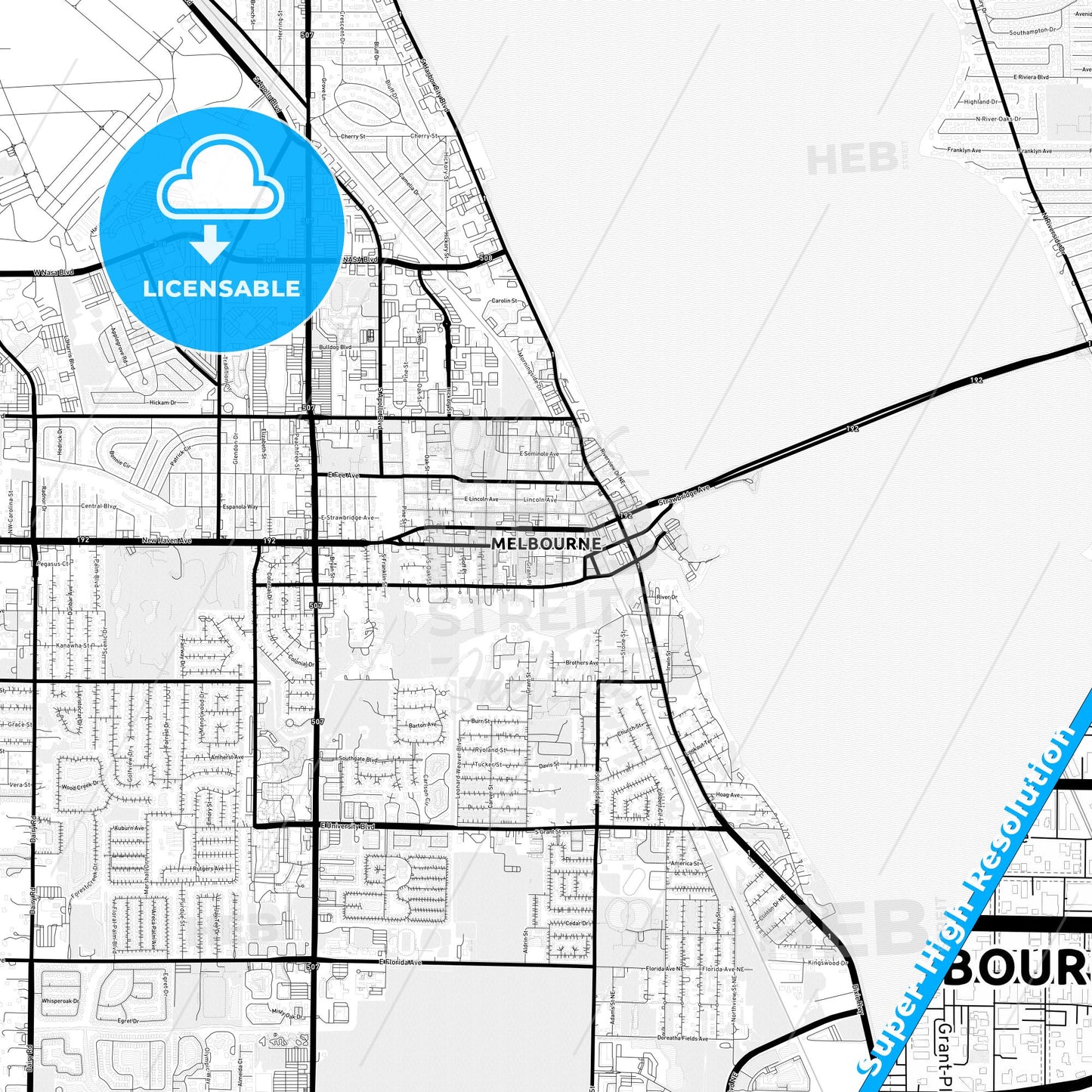 Melbourne, Florida Light Map with Street Names, City Names, and Districts
