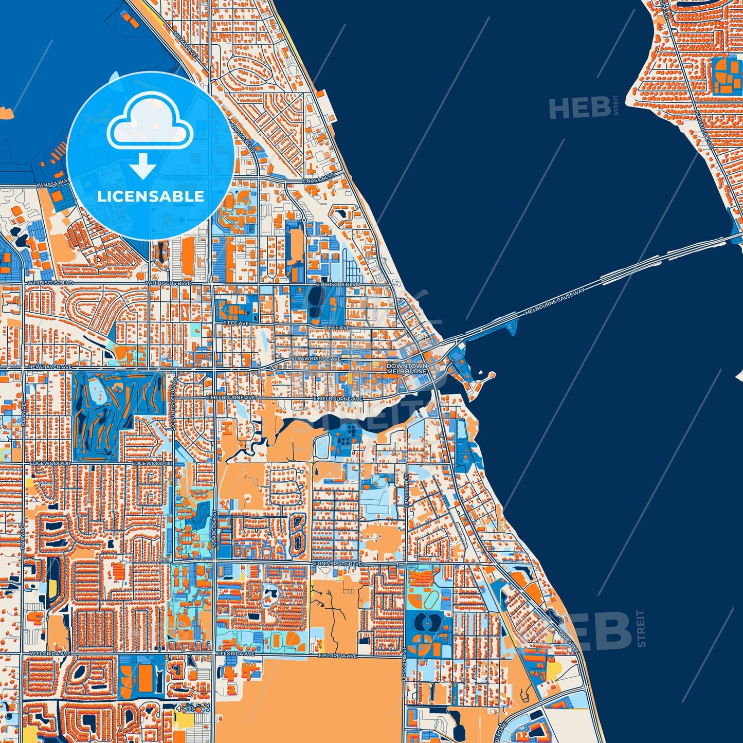 Colorful Melbourne Street Map with Labels and Buildings
