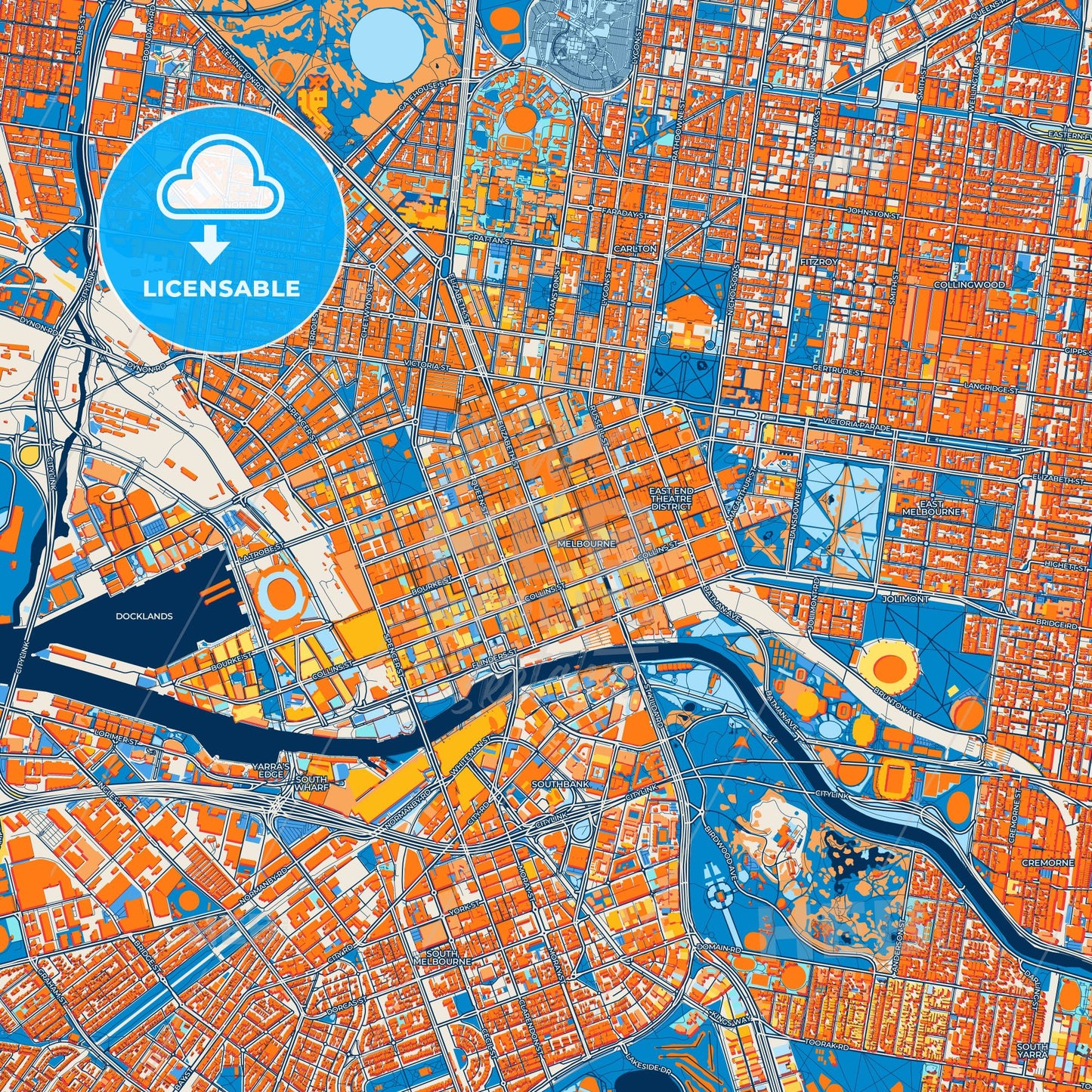 Colorful Melbourne Street Map with Labels and Buildings