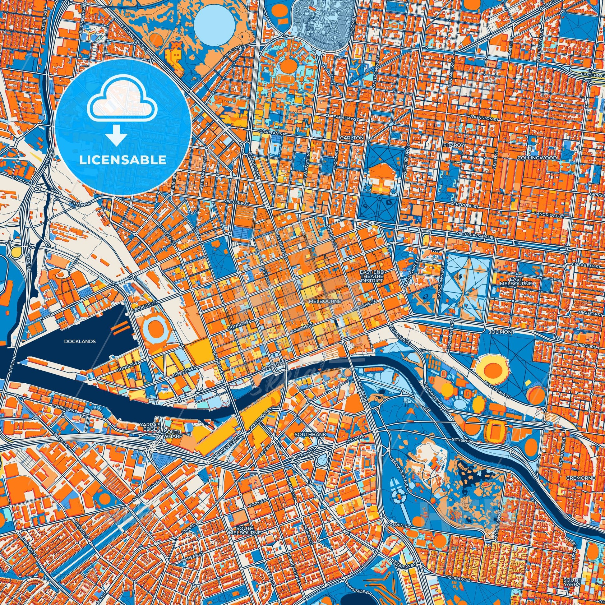 Colorful Melbourne Street Map with Labels and Buildings