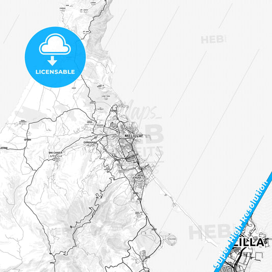 Melilla, Spain light map with streetnames, citynames and districts