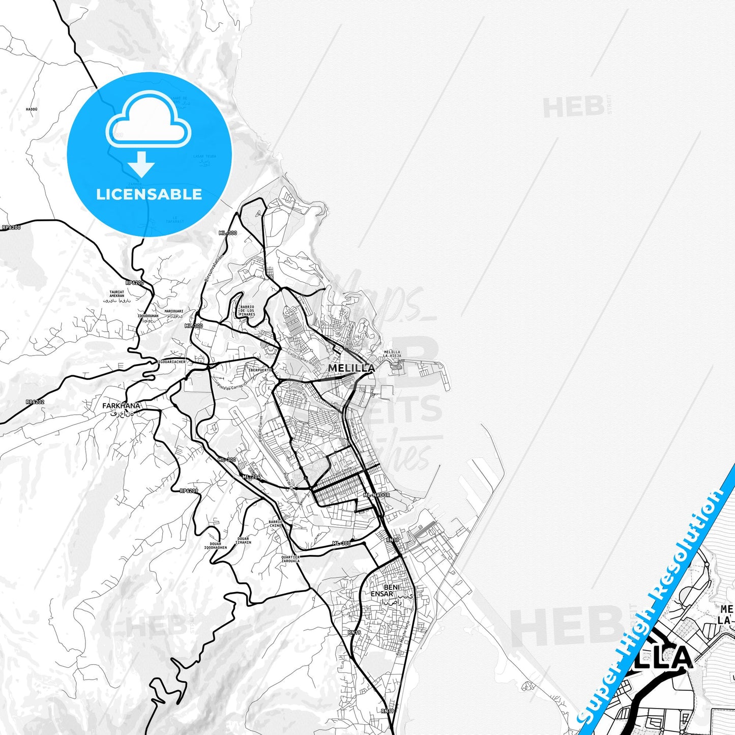 Melilla, Spain Light Map with Street Names, City Names, and Districts