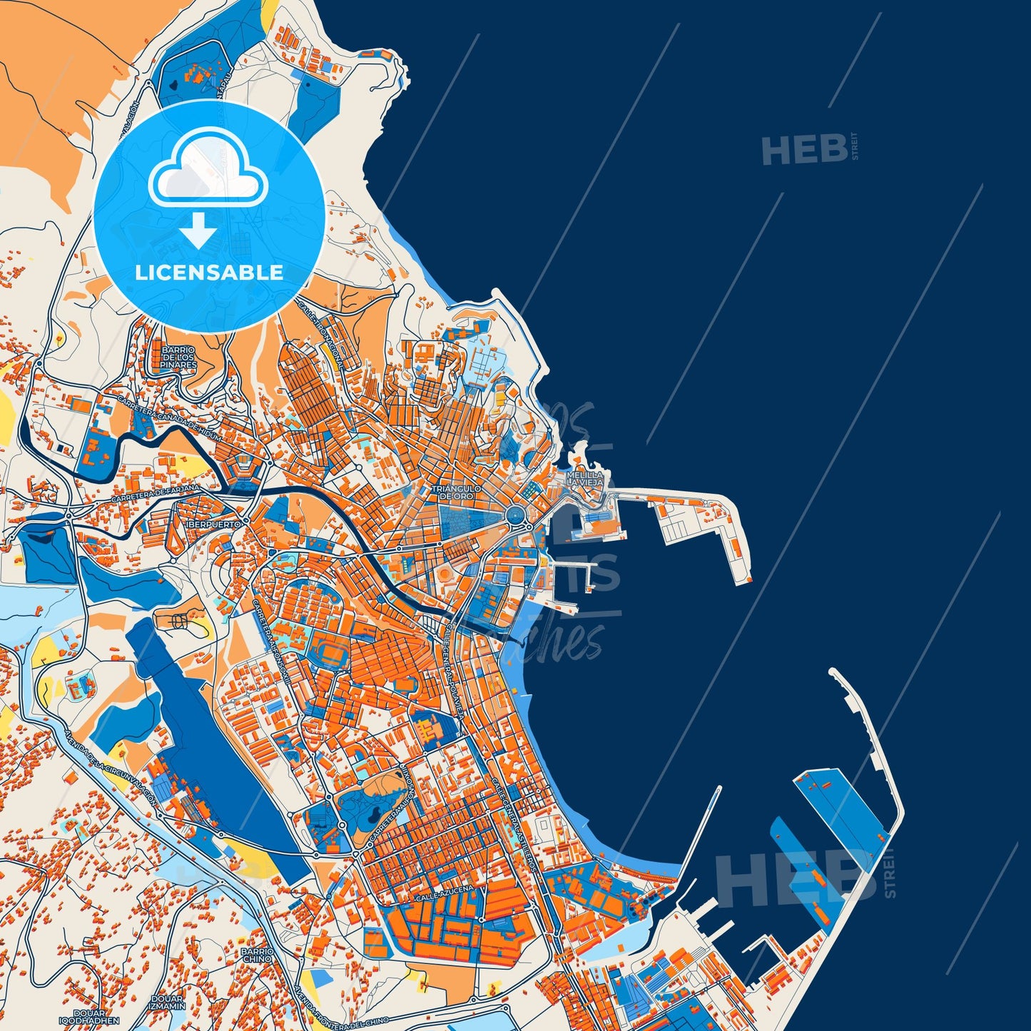 Colorful Melilla Street Map with Labels and Buildings
