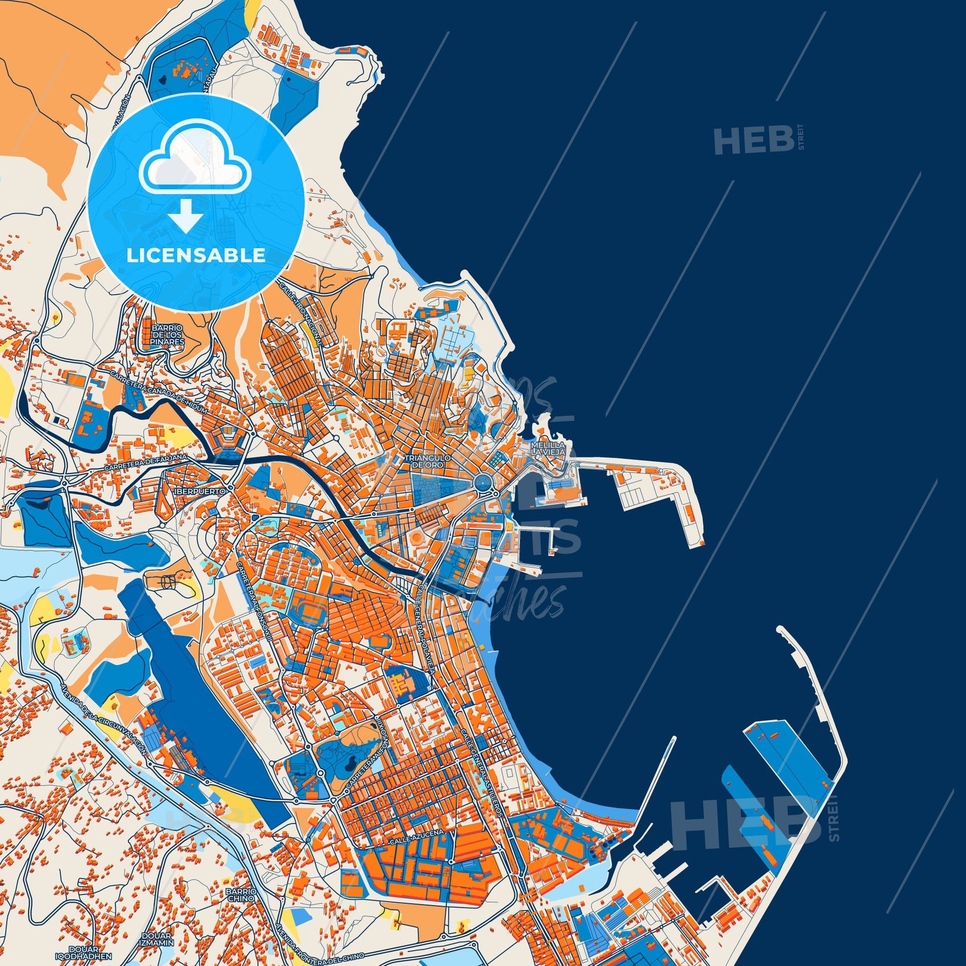 Colorful Melilla Street Map with Labels and Buildings
