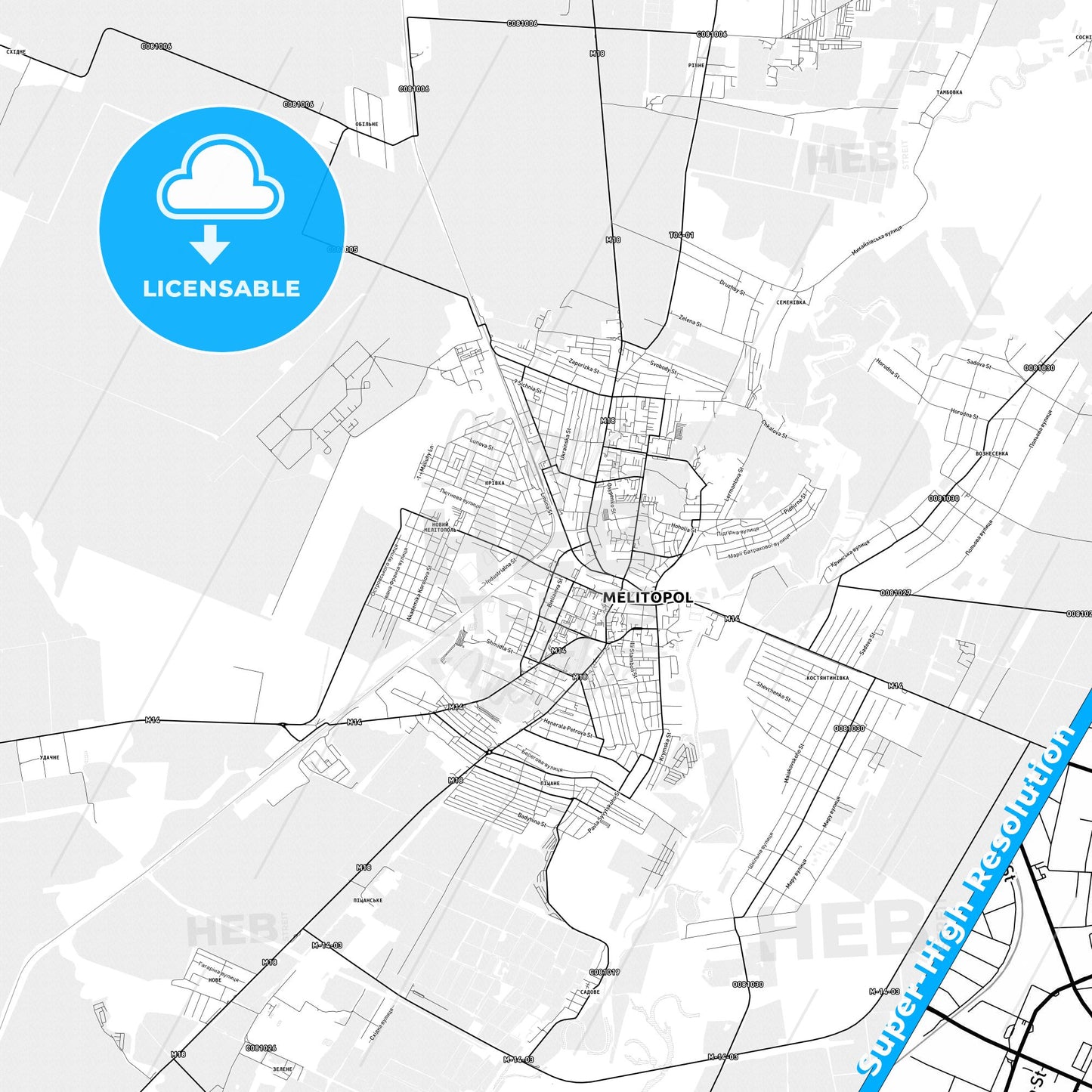 Melitopol, Ukraine light map with streetnames, citynames and districts