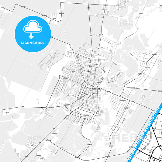 Melitopol, Ukraine light map with streetnames, citynames and districts