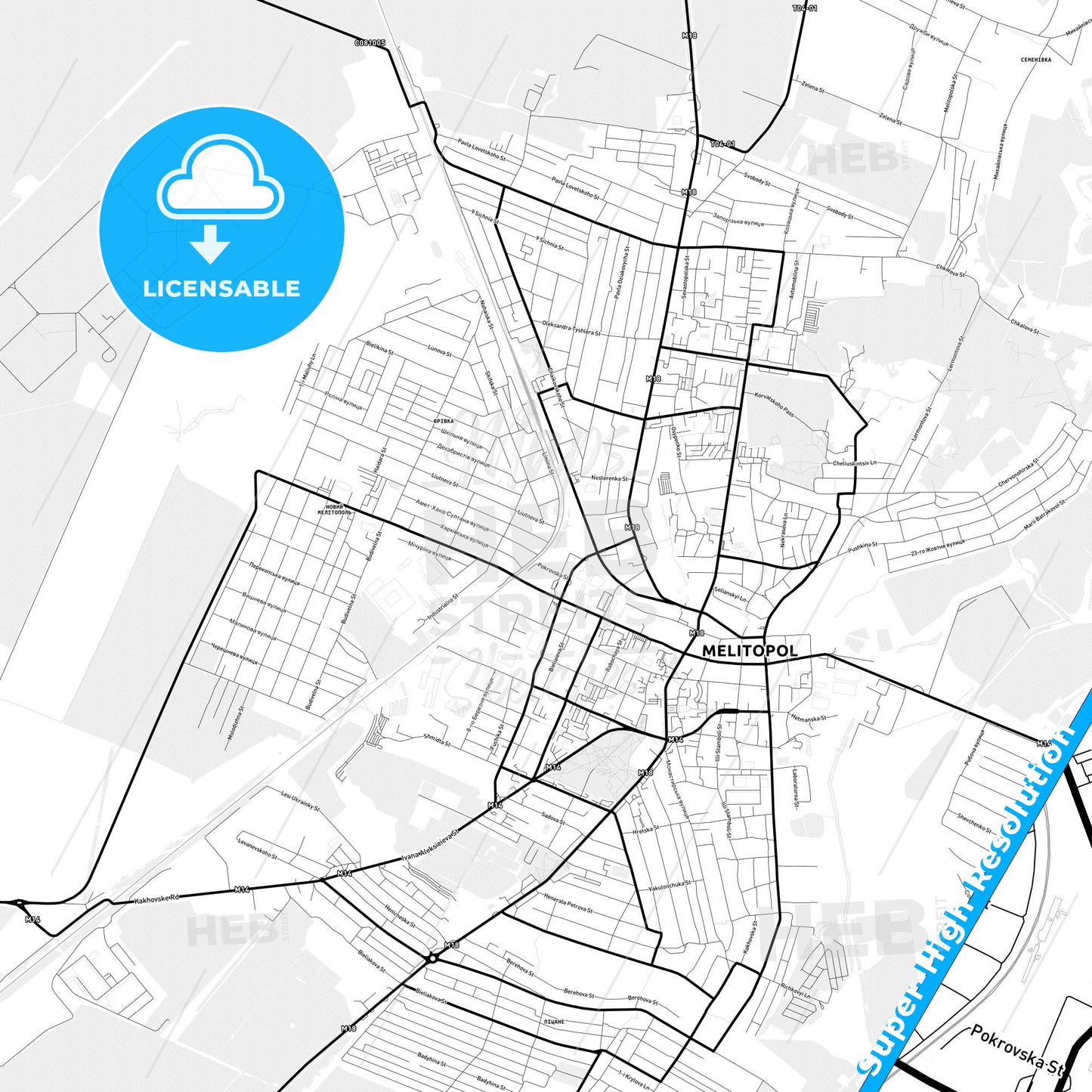 Melitopol, Ukraine Light Map with Street Names, City Names, and Districts