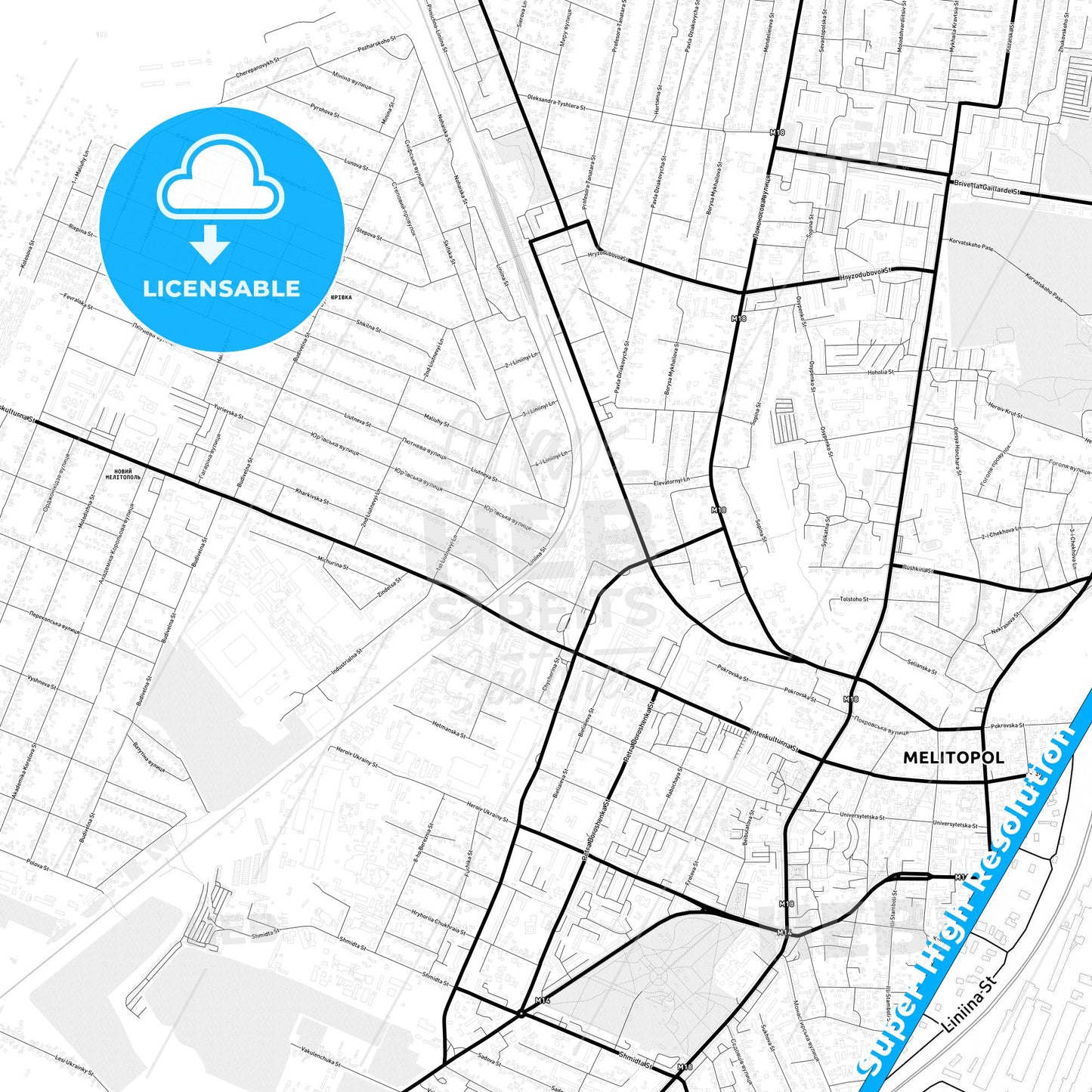 Melitopol, Ukraine Light Map with Street Names, City Names, and Districts