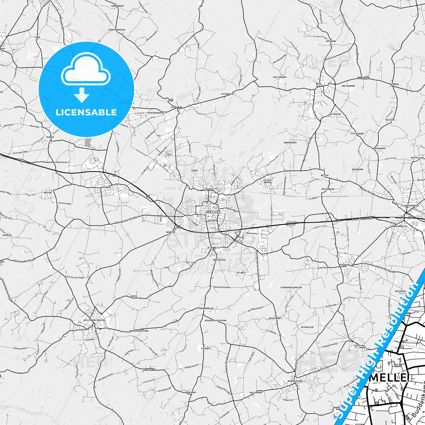 Melle, Germany light map with streetnames, citynames and districts