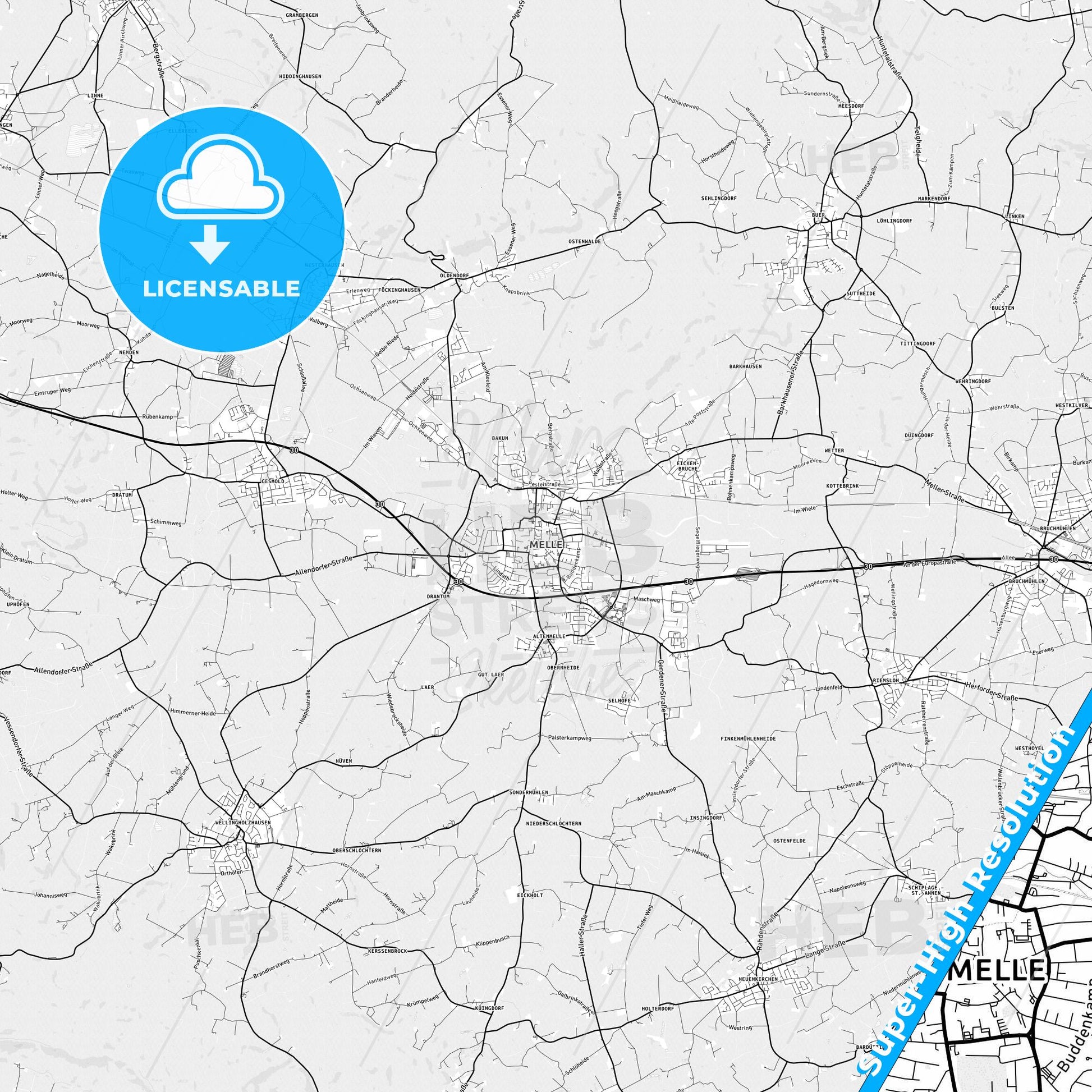 Melle, Germany light map with streetnames, citynames and districts