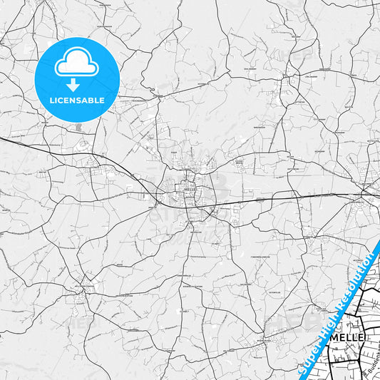 Melle, Germany light map with streetnames, citynames and districts