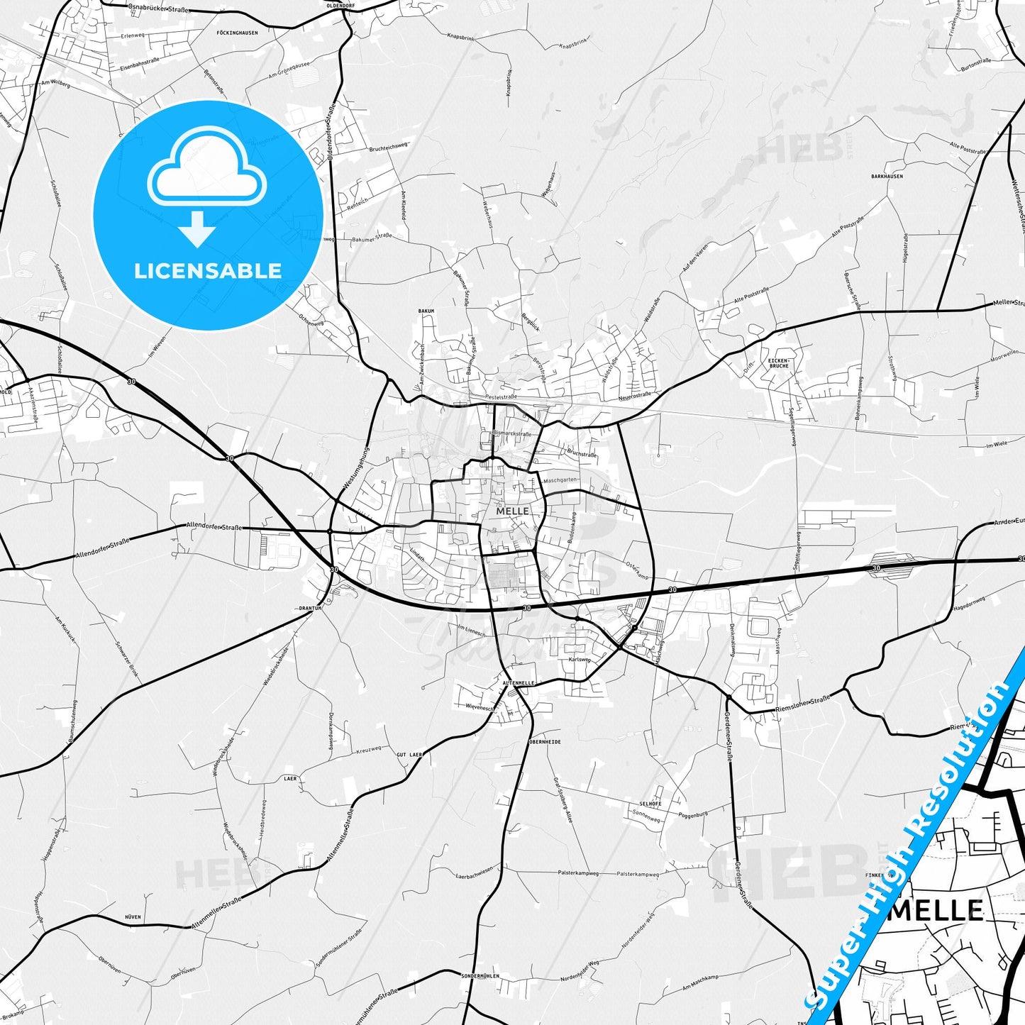 Melle, Germany Light Map with Street Names, City Names, and Districts
