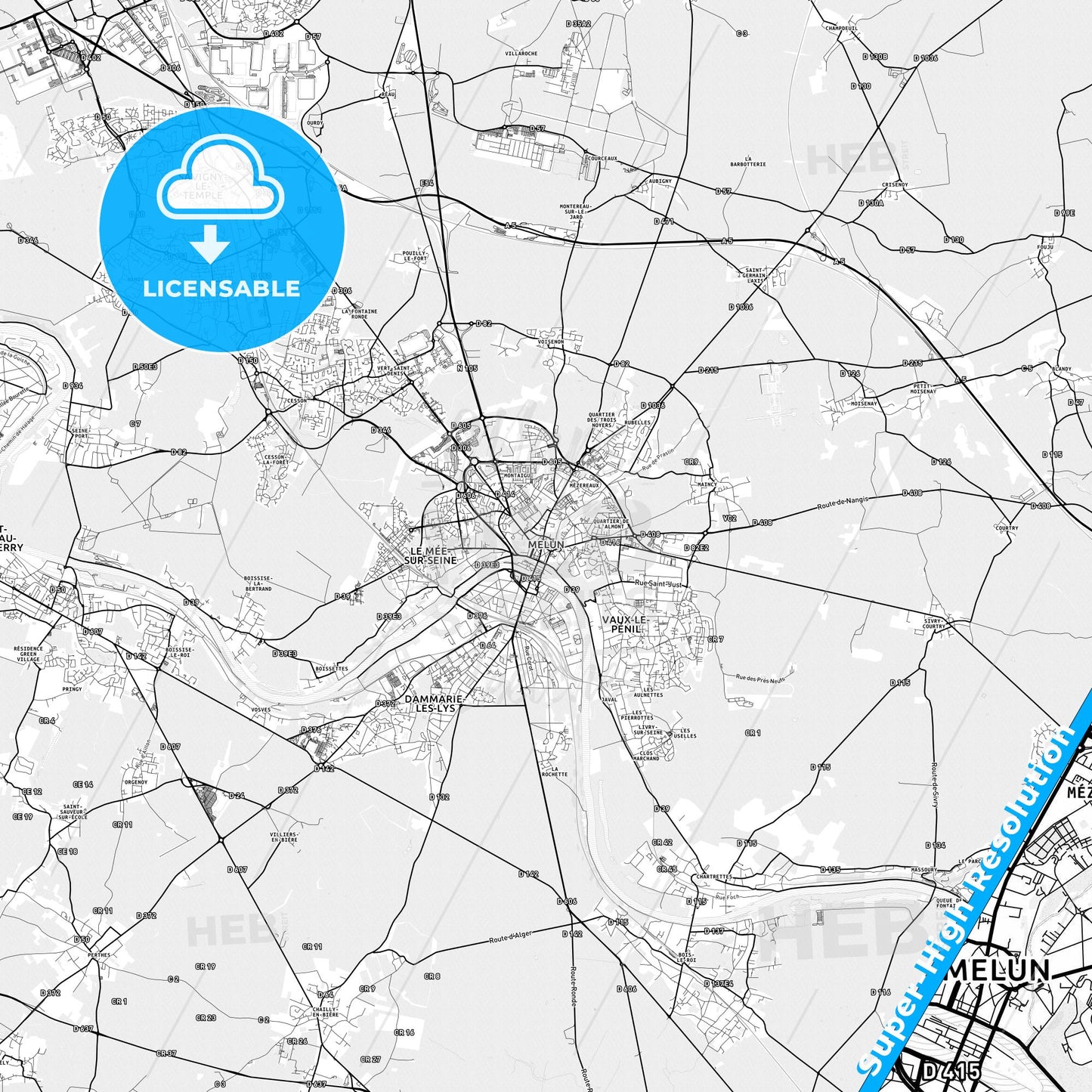 Melun, France light map with streetnames, citynames and districts