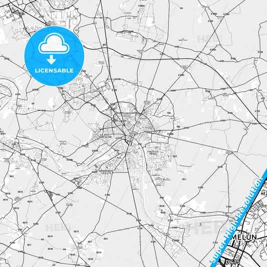 Melun, France light map with streetnames, citynames and districts