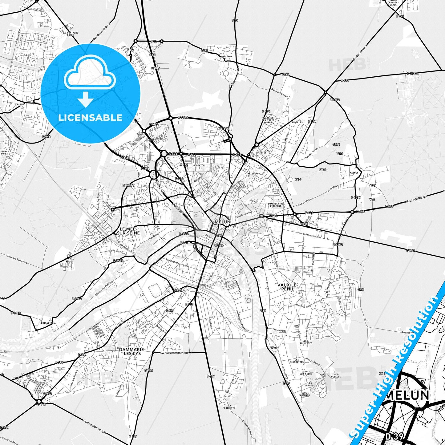 Melun, France Light Map with Street Names, City Names, and Districts