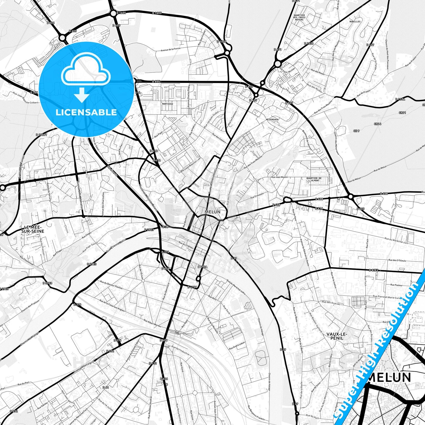 Melun, France Light Map with Street Names, City Names, and Districts