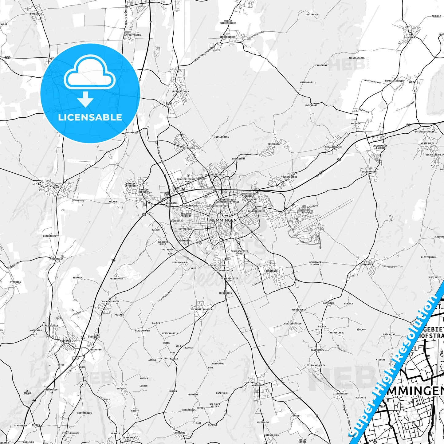 Memmingen, Germany light map with streetnames, citynames and districts