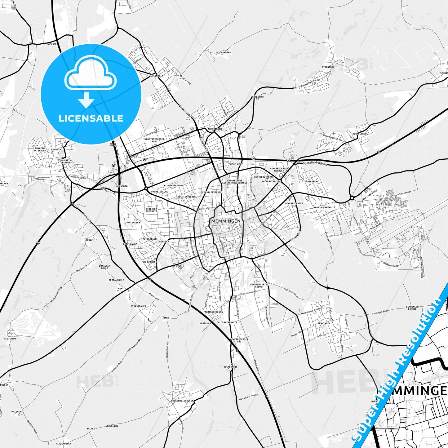 Memmingen, Germany Light Map with Street Names, City Names, and Districts