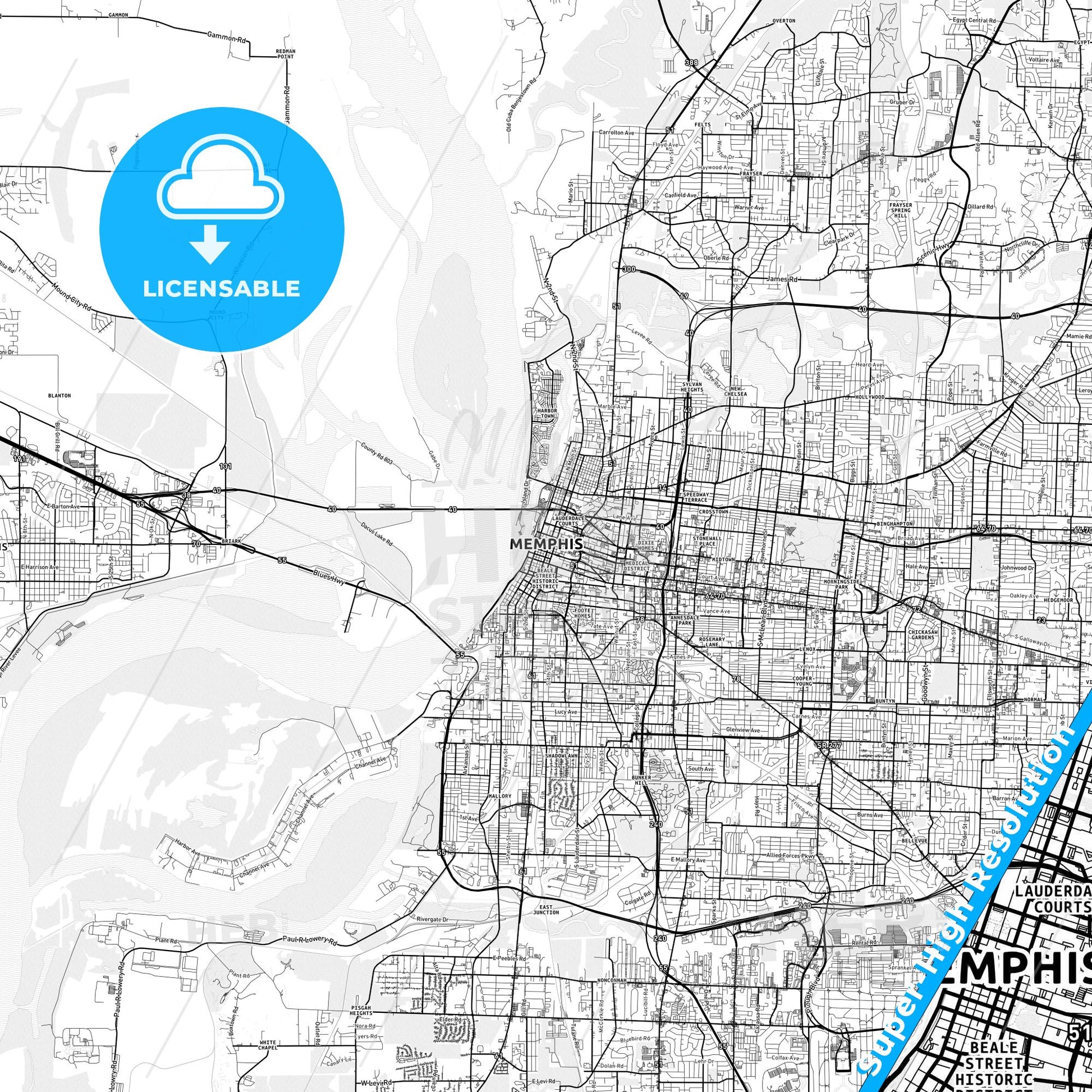 Memphis, Tennessee light map with streetnames, citynames and districts