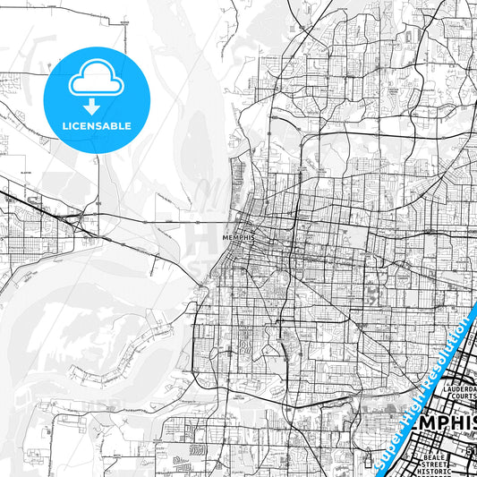 Memphis, Tennessee light map with streetnames, citynames and districts