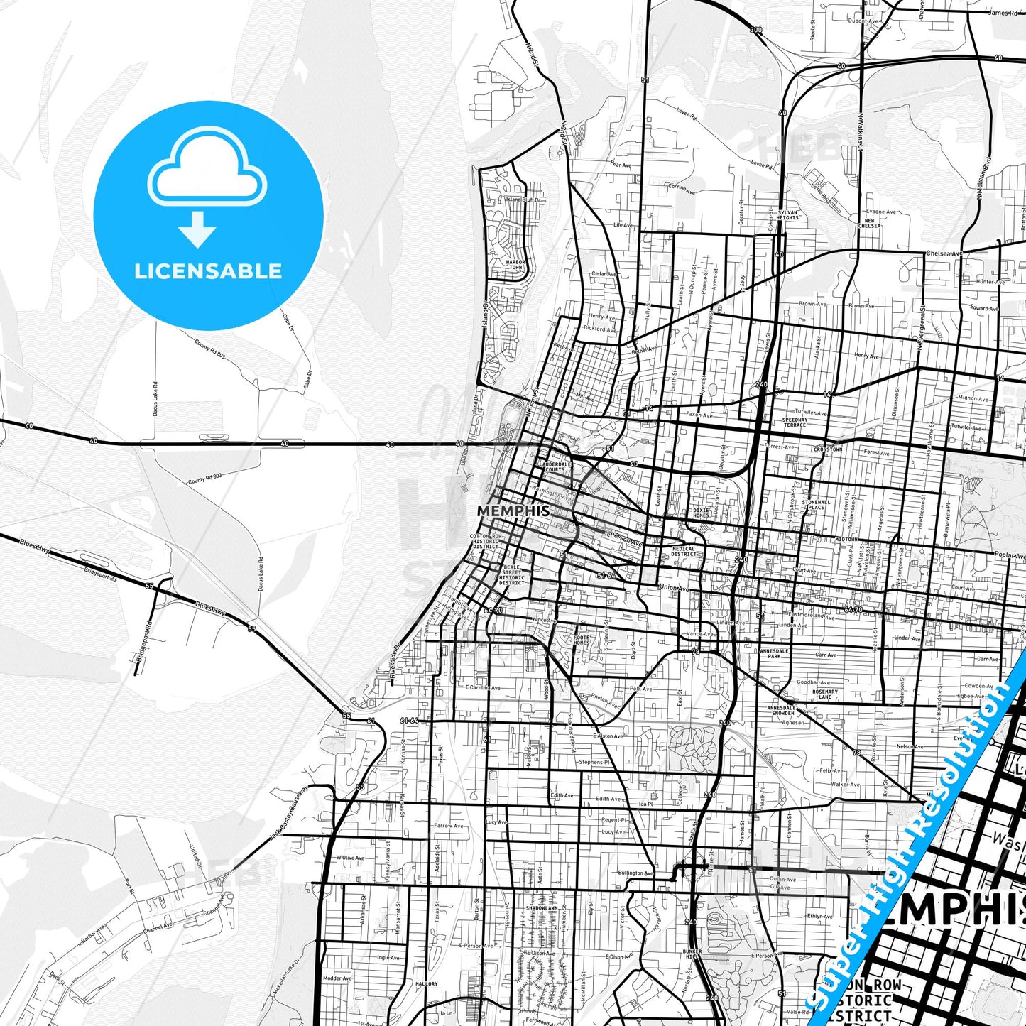 Memphis, Tennessee Light Map with Street Names, City Names, and Districts