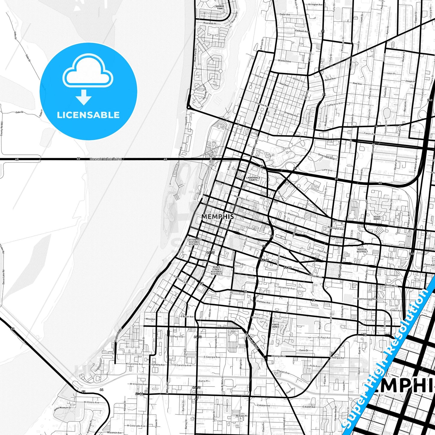Memphis, Tennessee Light Map with Street Names, City Names, and Districts