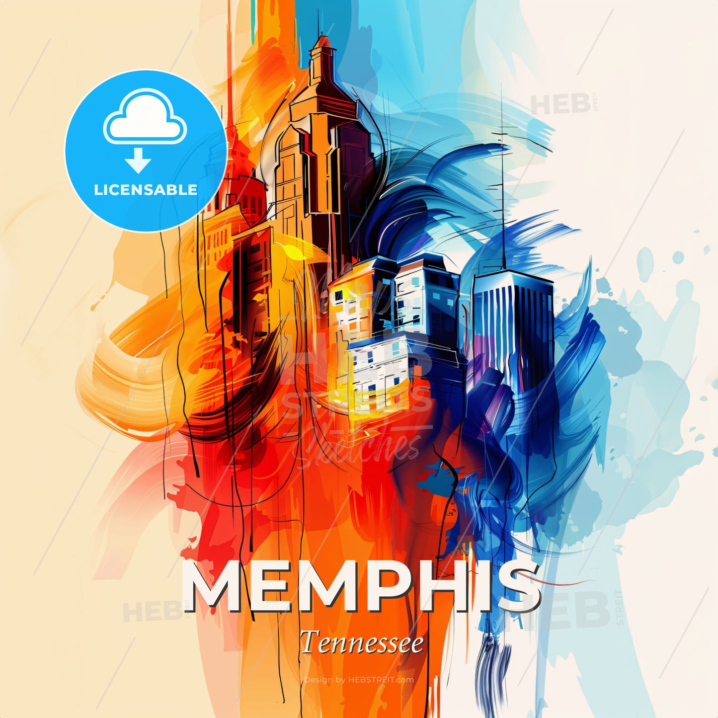 Vibrant Memphis, Tennessee - A Colorful Cityscape With Buildings And A Brush Stroke - Square format print template