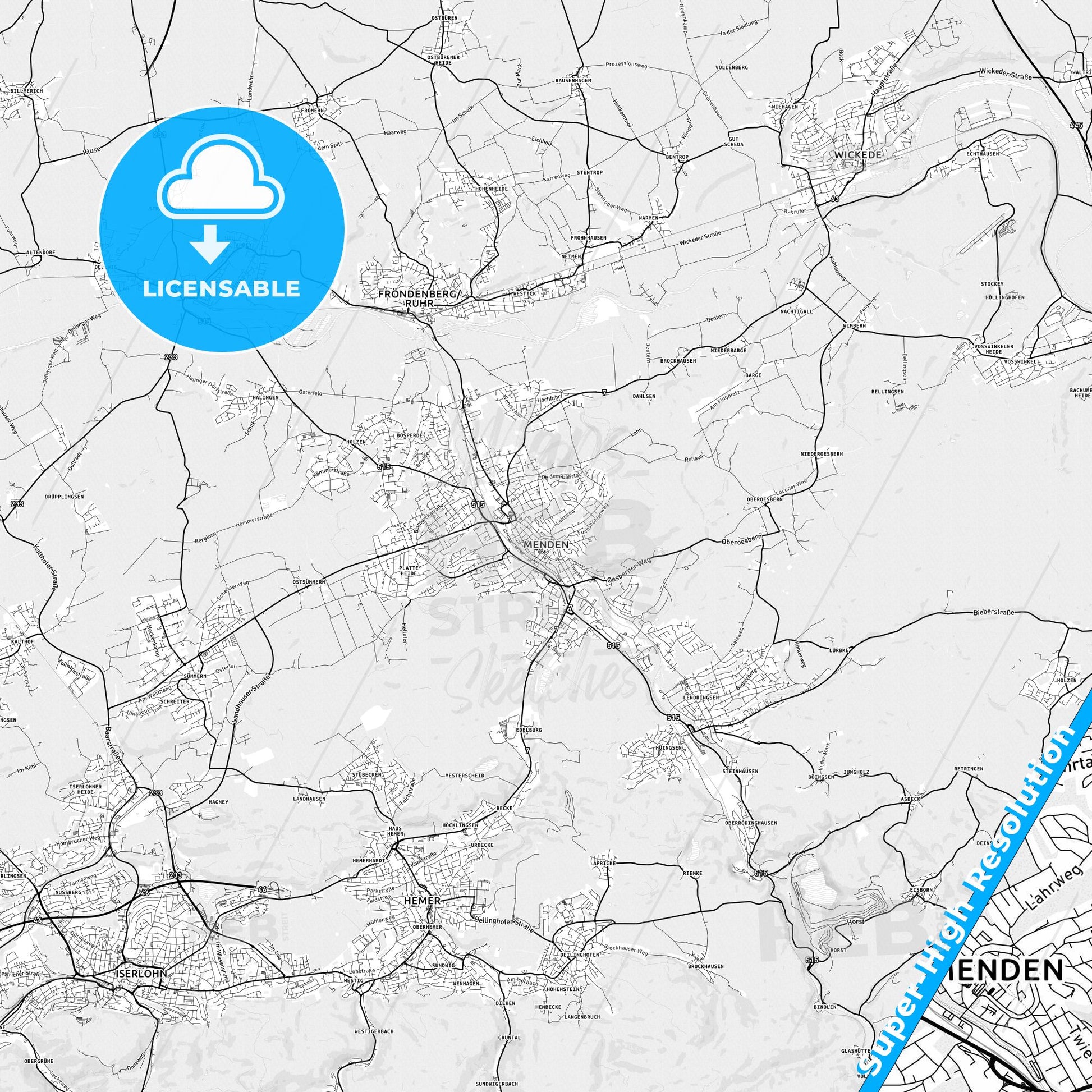 Menden (Sauerland), Germany light map with streetnames, citynames and districts