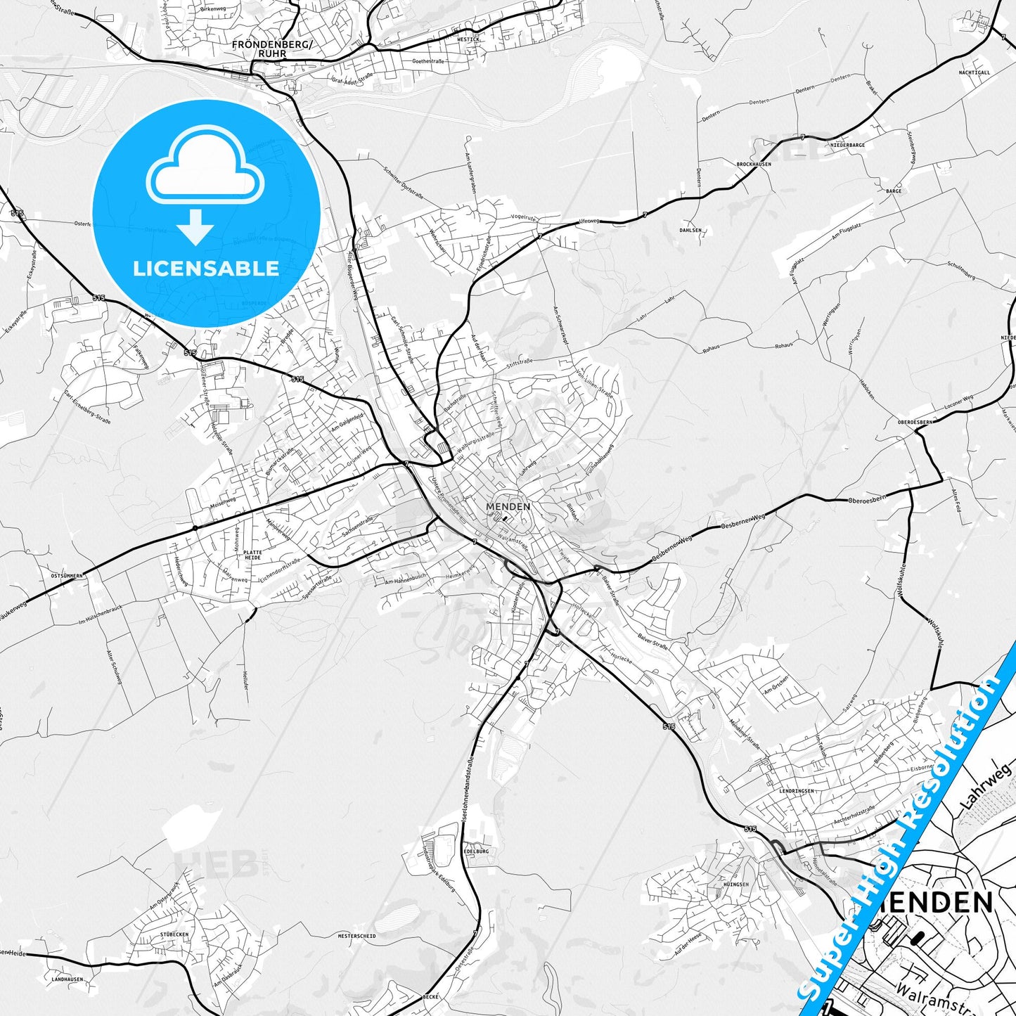 Menden (Sauerland), Germany Light Map with Street Names, City Names, and Districts