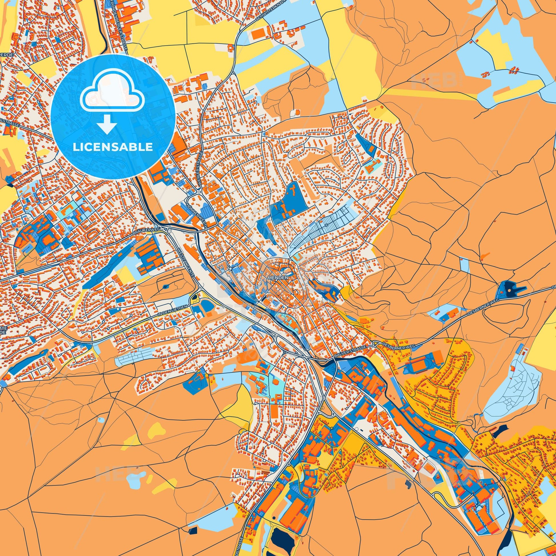 Colorful Menden (Sauerland) Street Map with Labels and Buildings